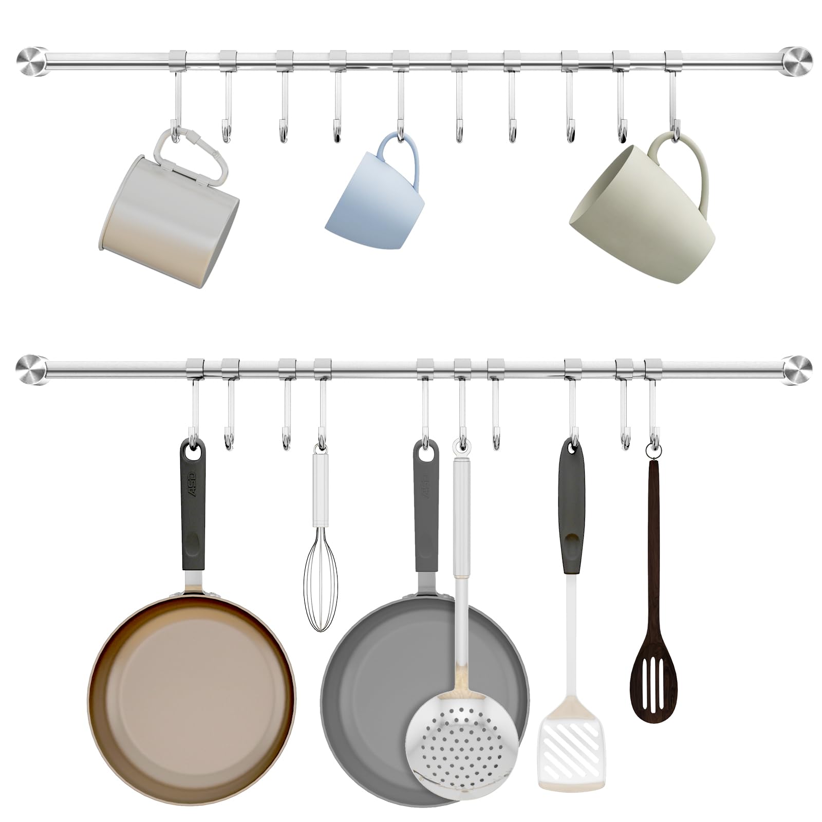 Audmore Kitchen Utensil Rack 2 Pack, 15.6 Inch Pots and Pans Hanging Rack Wall Mounted, 304 Stainless Steel Lid Cooking Utensil Hanger, 7 Sliding Hooks for Spatula Spoon, Measuring Cups, Coffee Mug