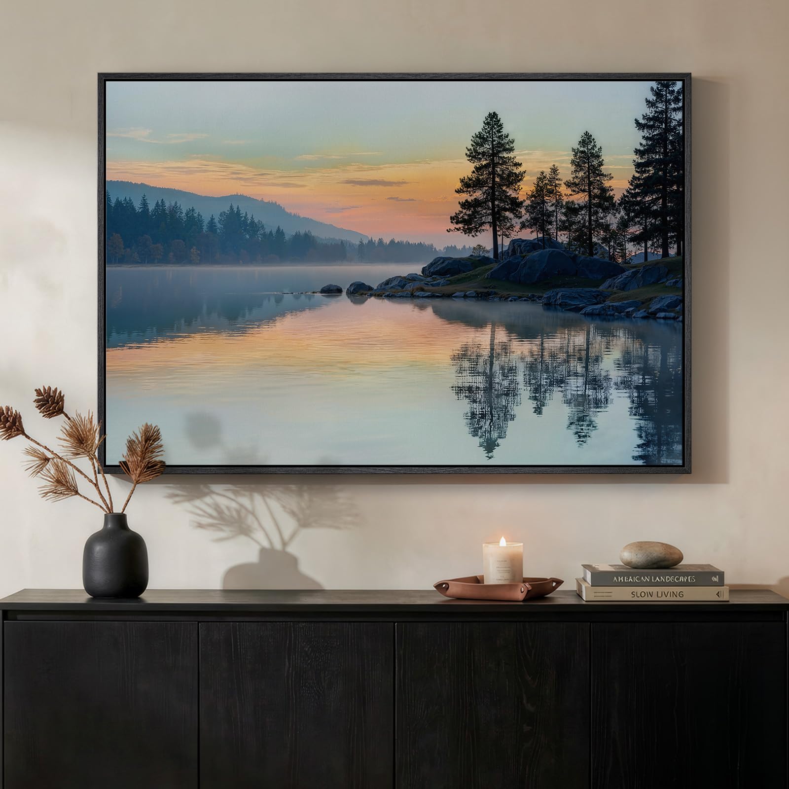 Framed Forest Landscape Wall Art, Horizontal Nature Sunset Canvas Artwork for Walls, Wilderness Scenery Photography Picture, Green Peaceful Print for Living Room Hallway Office Wall Decor, 24x36 Inch