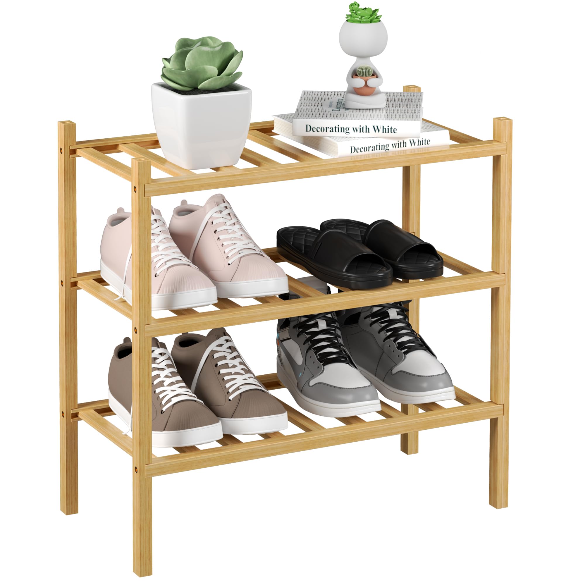 ROMGUAR CRAFT 3 Tier Bamboo Shoe Rack for Closet Free Standing Wood Shoe Shelf Storage Organizer for Entryway Small Space Stackable 27"x11"x20" (Natural)