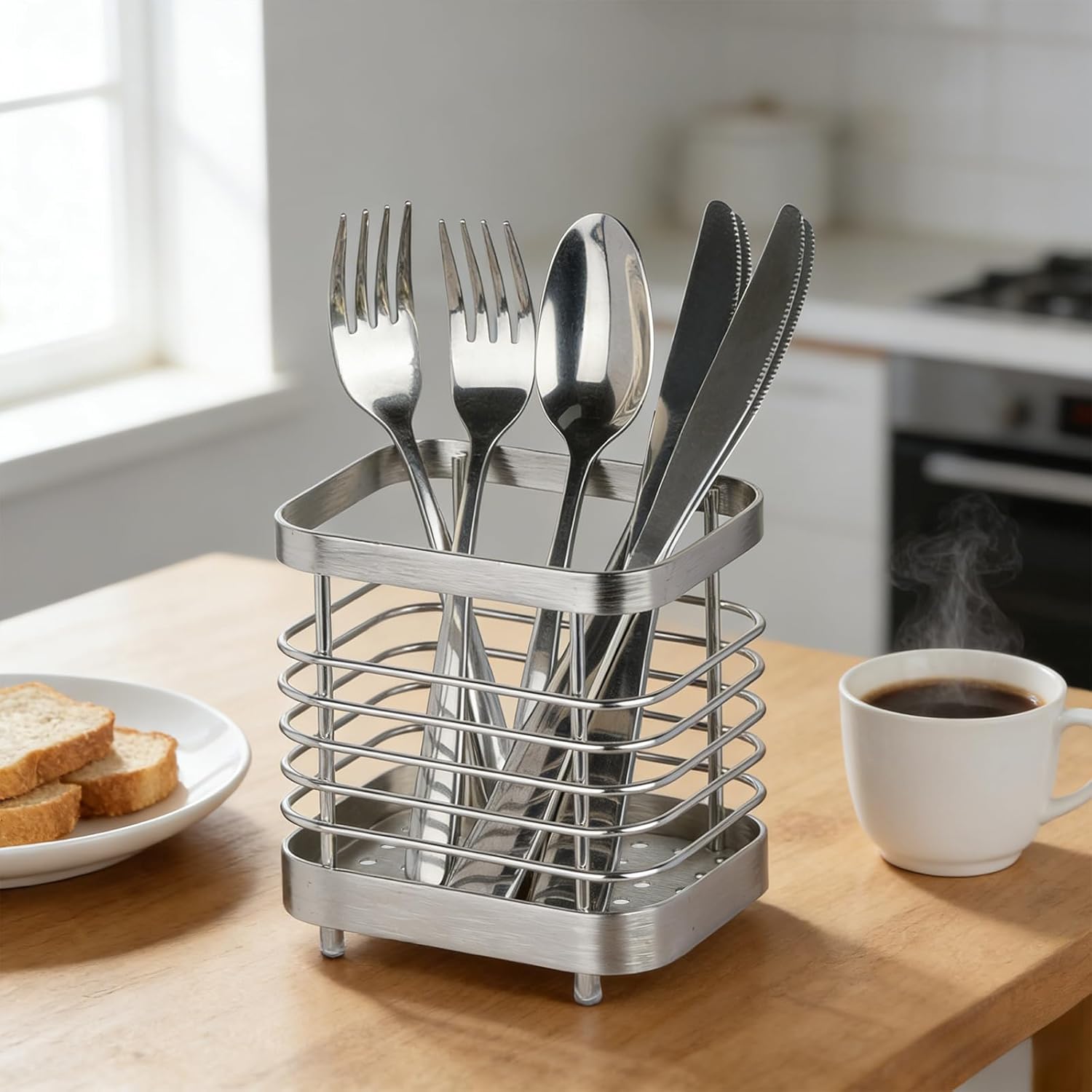 Utensil Holder, Stainless Steel Utensil Drying Rack for Kitchen Counter, Silverware Cutlery Flatware Holder Forks, Knives, Spoons, Chopsticks Organizer (Silver)