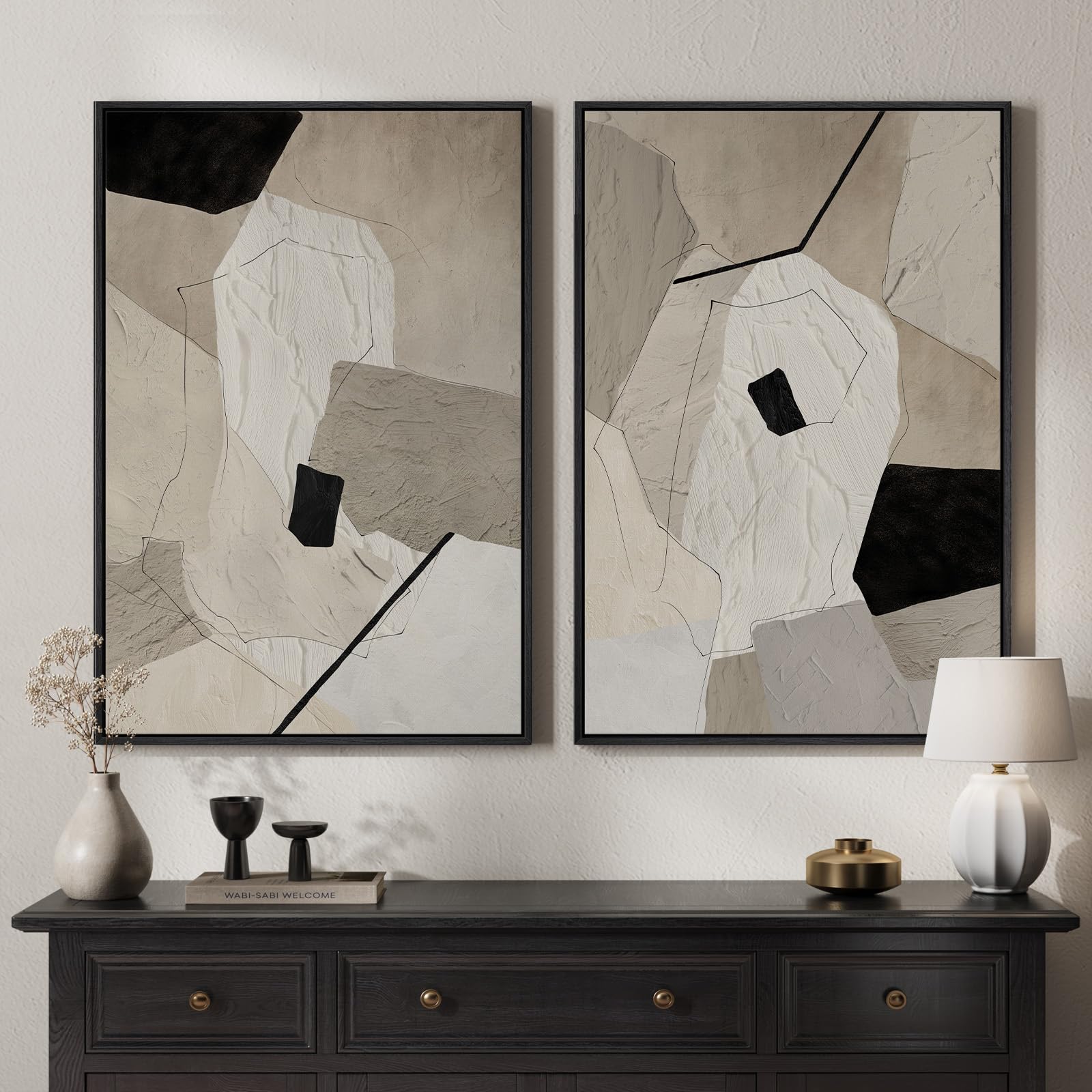 Framed Sage Green Abstract Wall Art for Living Room, Large Set of 2 Abstract Landscape Canvas Artwork for Walls, Minimalist Painting Print for Bedroom Dining Room Office Hallway Wall Decor, 24x36 Inch