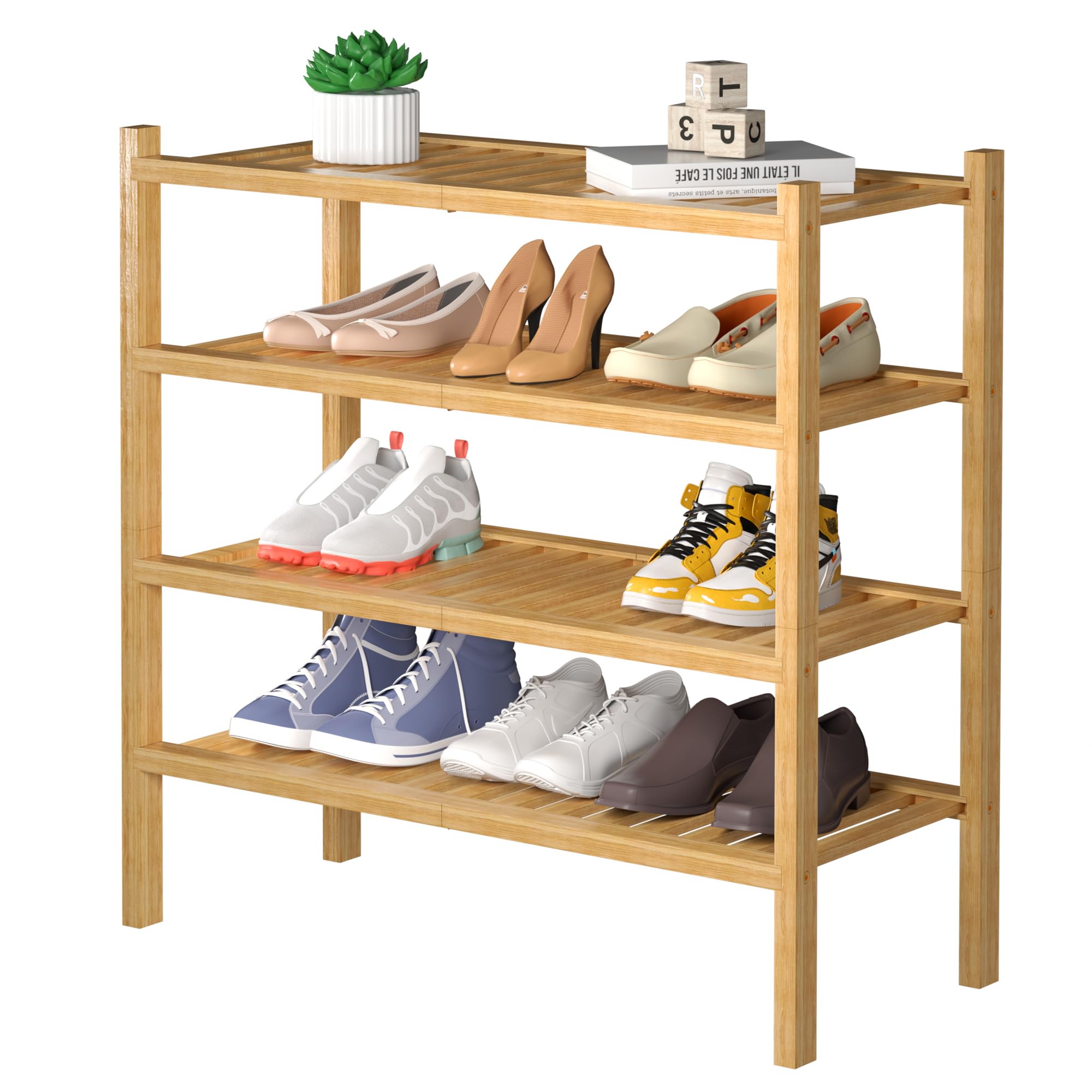 ROMGUAR CRAFT 3 Tier Bamboo Shoe Rack for Closet Free Standing Wood Shoe Shelf Storage Organizer for Entryway Small Space Stackable 27"x11"x20" (Natural)