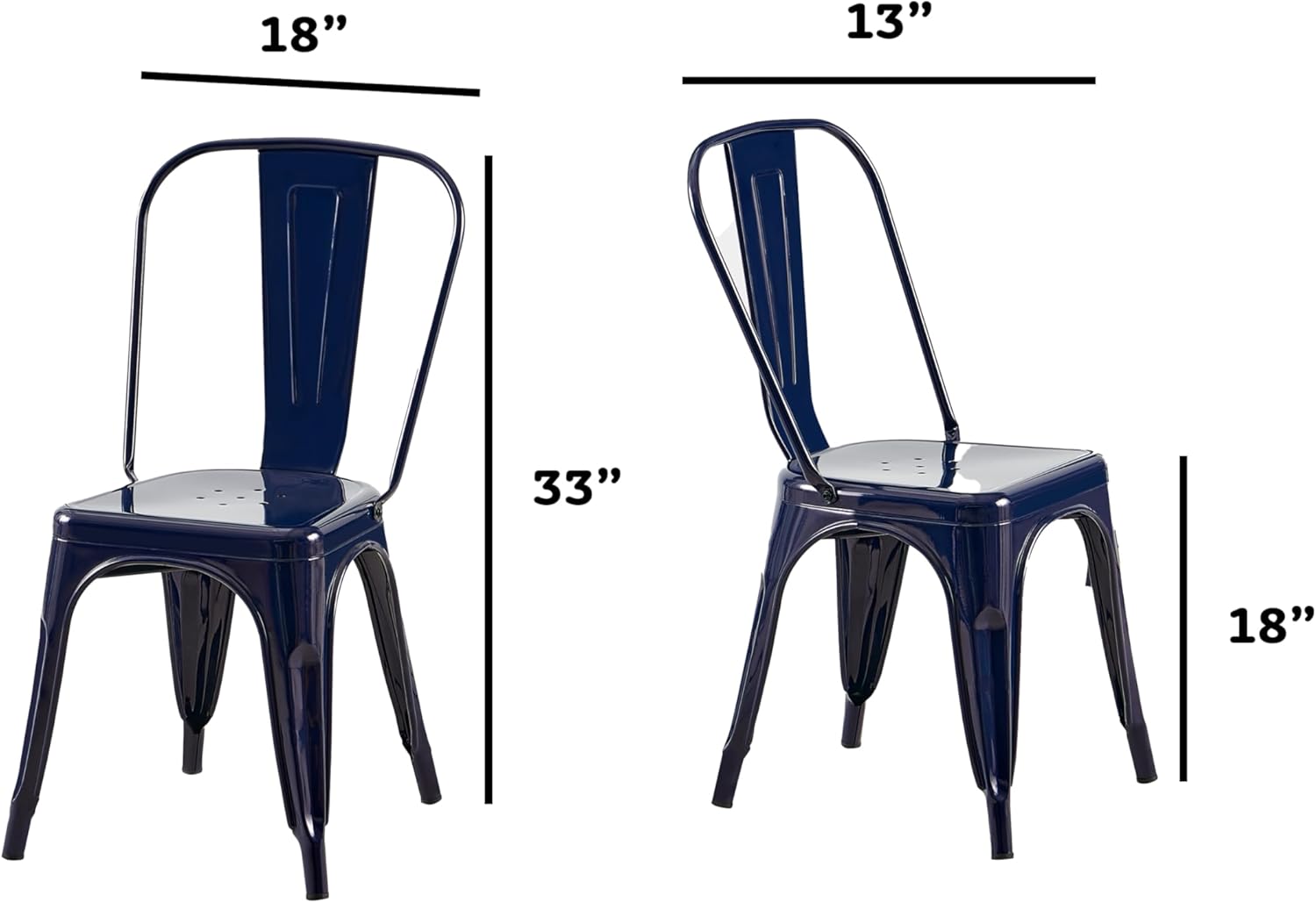 AC Pacific 18 Inch Seat Height Industrial Metal Dining Chairs, Stackable Kitchen or Bar Seat, Durable Modern Design, Versatile Accent Furniture, Set of 2, Dark Blue