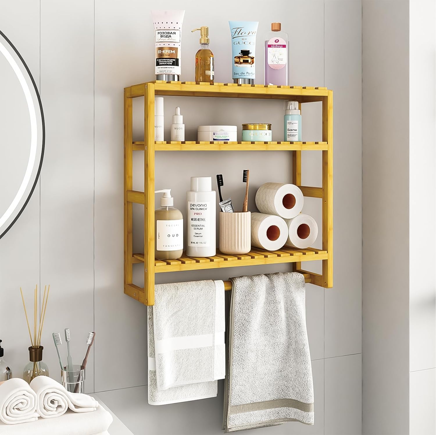 Galood Over The Toilet Storage Bathroom Shelves Wall Mounted 3 Tier Space Saver Corner Shelf Organizer Bamboo Towel Rack Toilet Paper Cabinet with Hanging Rod Yellow