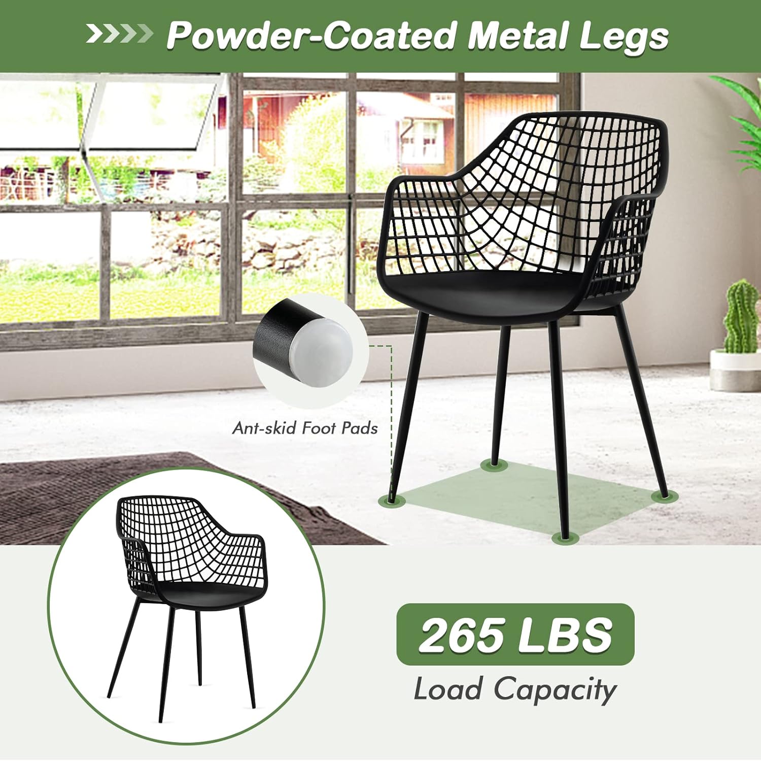 Giantex Modern Dining Chairs Set of 4 - Black Arm Chair with 15" High Backrest, Powder-Coated Metal Legs, Anti-Slip Foot Pads, Max Load 265 lbs, Kitchen Dining Room