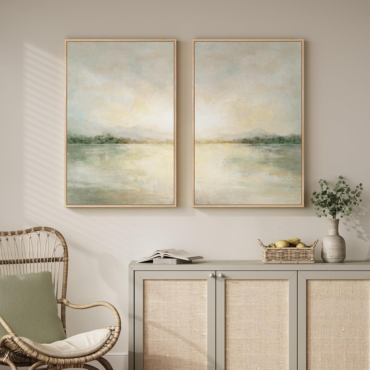 Framed Sage Green Abstract Wall Art for Living Room, Large Set of 2 Abstract Landscape Canvas Artwork for Walls, Minimalist Painting Print for Bedroom Dining Room Office Hallway Wall Decor, 24x36 Inch