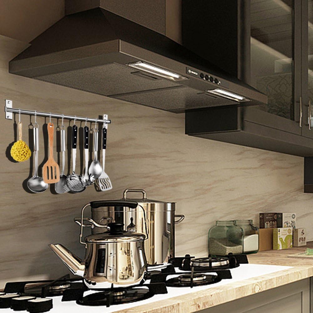 Kitchen Sliding Hooks, Stainless Steel Hanging Rack Rail Organize Kitchen Utensil Removable S Hook for Towel, Spoon, Coats, Bathrobe, BBQ,Wall Mounted Hanger (10 Hooks 23.6In)