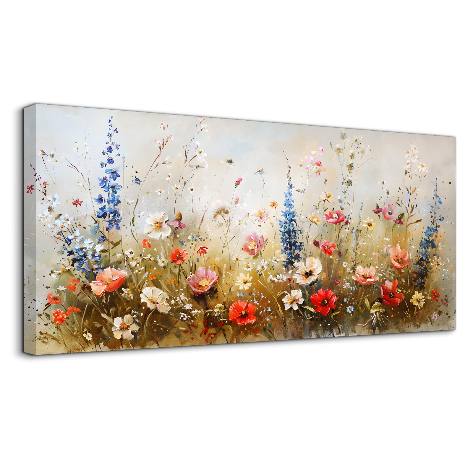 SERIMINO Large Wall Art Prints, Rural Landscape Wall Decor, Meadow Wildflower Canvas Painting, River Cottage Pictures Home Decor Living Room Bedroom, Green Scenery Farmhouse Decor Artwork 20"X40"