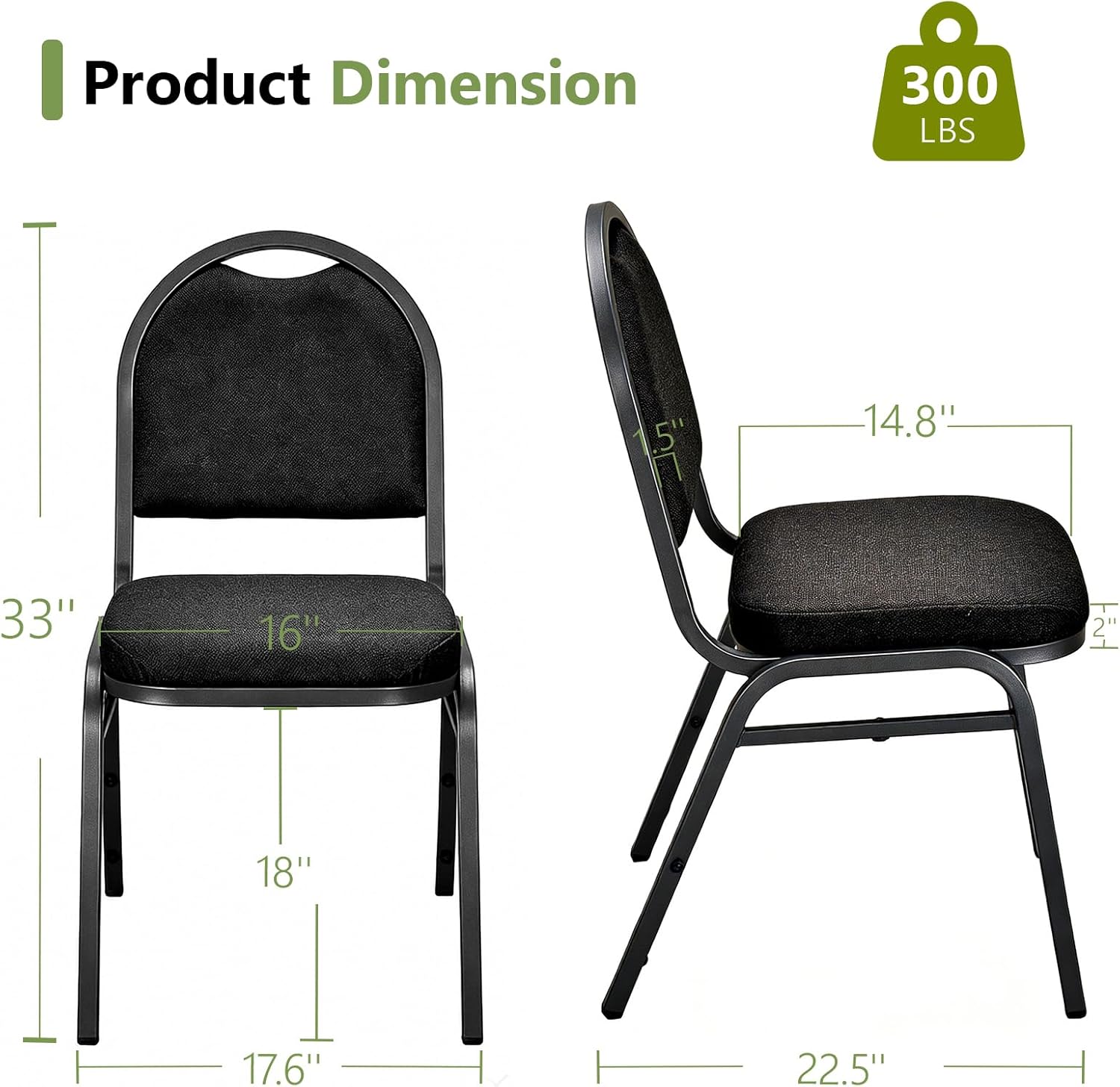 Stackable Banquet Dining Chairs 4 Pack, Upholstered Crown Back Event Chairs with Black Fabric Seat, Heavy Duty Steel Frame, 300 lb Capacity, No Assembly, for Restaurant Wedding Conference