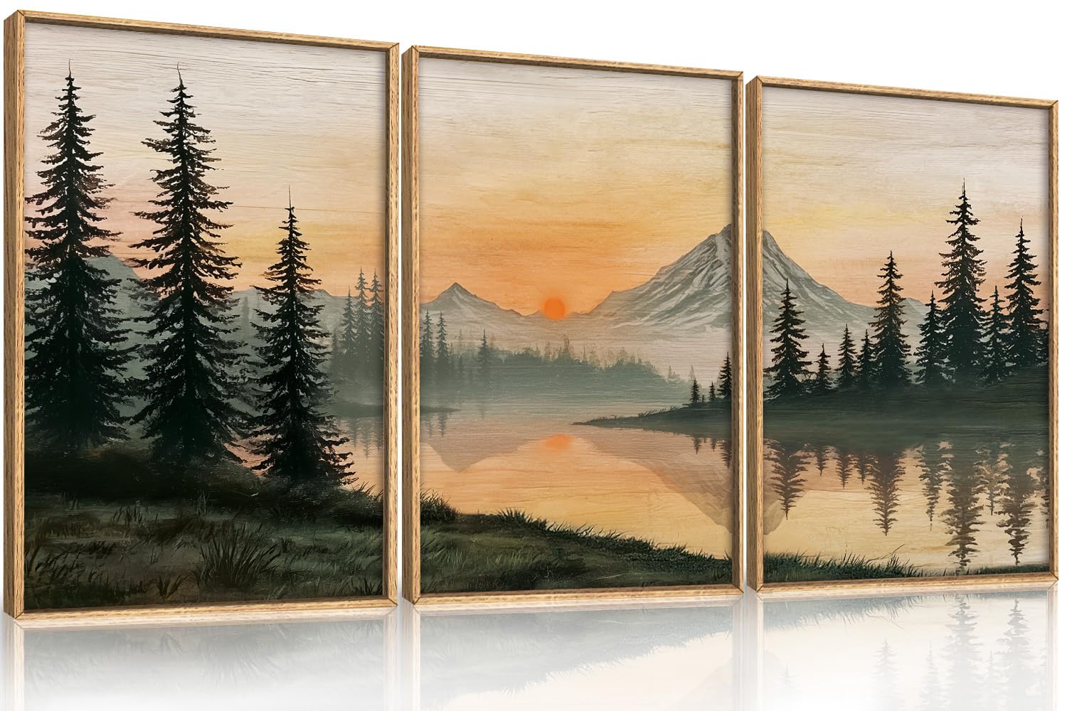 LHIUEM Abstract Mountain Brown Framed Canvas Wall Art,Neutral Watercolor Landscape Wall Decor,Minimalist Grey Beige Lake Artwork for Living Room,Bedroom,Dining Room,Office -20"x40"x1
