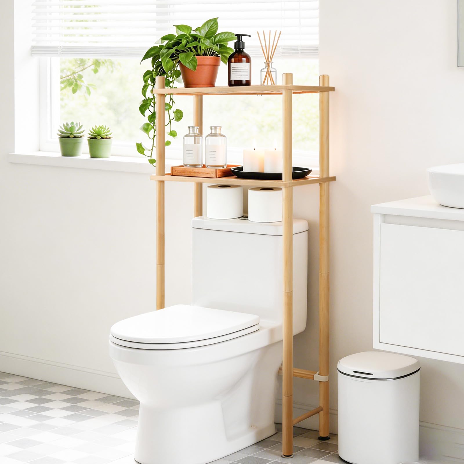 WANGMUXIA 2-Tier Bamboo Over the Toilet Storage Shelf, Bathroom Organizer Shelf with Wall Anchor, 50% Thicker Heavy-Duty Structural Design,Freestanding Space Saving Organizer for Bathroom