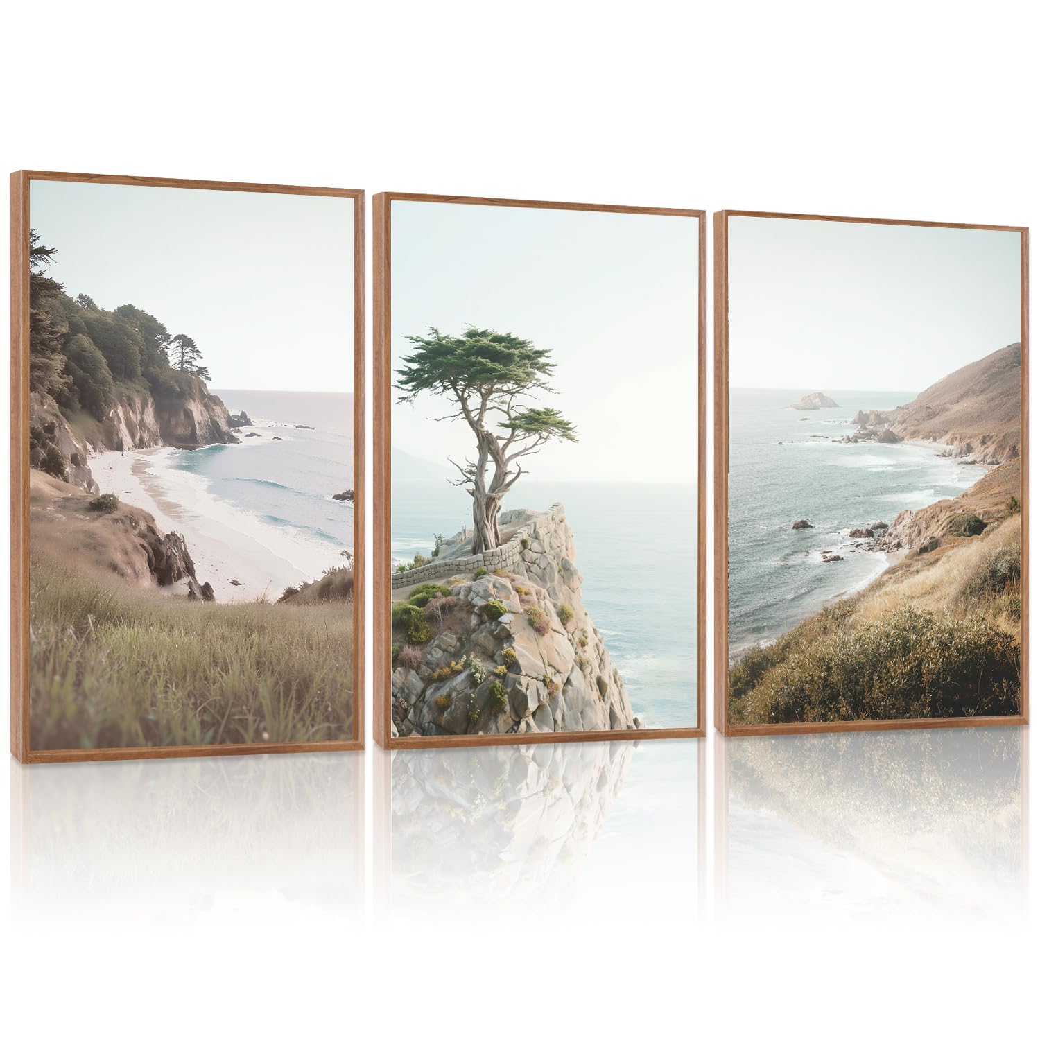 LHIUEM Abstract Mountain Brown Framed Canvas Wall Art,Neutral Watercolor Landscape Wall Decor,Minimalist Grey Beige Lake Artwork for Living Room,Bedroom,Dining Room,Office -20"x40"x1