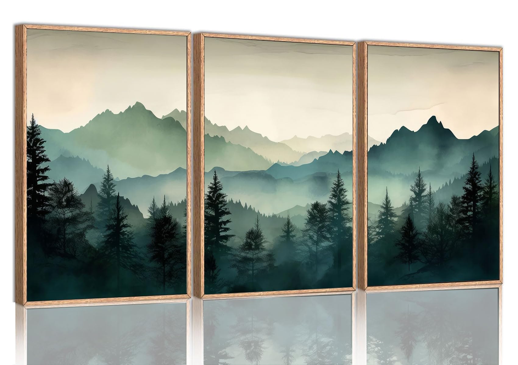 okudolit Framed Mountain Wall Art Set of 3 Sage Green Forest Canvas Prints Nature Landscape Watercolor Pictures Wall Decor Modern Painting for Living Room Bedroom Office 12x16in