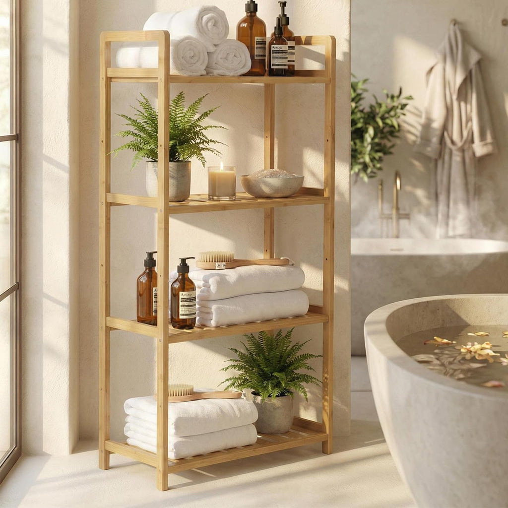 Bamboo Bathroom Shelf Organizer, 4 Tier Wooden Bathroom Rack with Adjustable Shelves, Free Standing Shelving Unit Open Bookcase Plant Shelf Indoor, 39" Storage Shelves for Kitchen Living Room