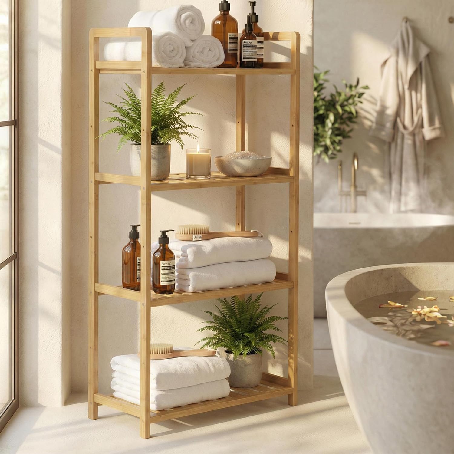 Bamboo Bathroom Shelf Organizer, 4 Tier Wooden Bathroom Rack with Adjustable Shelves, Free Standing Shelving Unit Open Bookcase Plant Shelf Indoor, 39" Storage Shelves for Kitchen Living Room