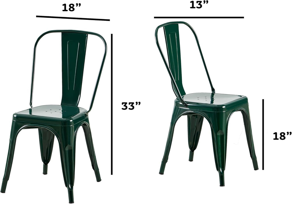 AC Pacific 18 Inch Seat Height Industrial Metal Dining Chairs, Stackable Kitchen or Bar Seat, Durable Modern Design, Versatile Accent Furniture, Set of 2, Dark Green