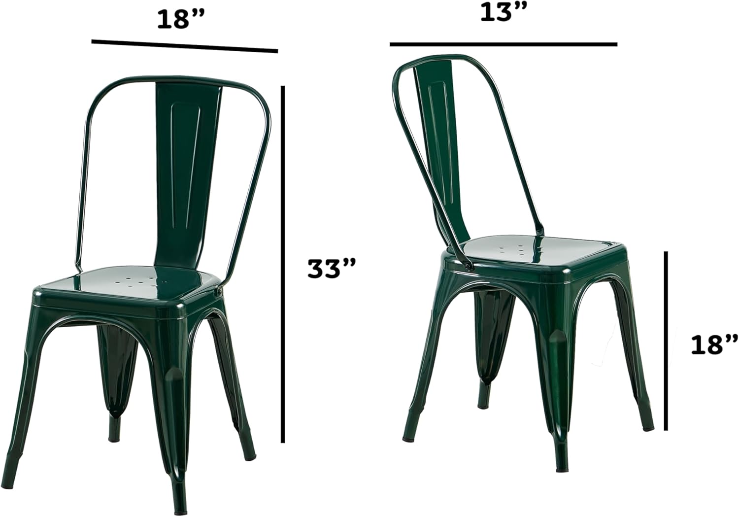 AC Pacific 18 Inch Seat Height Industrial Metal Dining Chairs, Stackable Kitchen or Bar Seat, Durable Modern Design, Versatile Accent Furniture, Set of 2, Dark Green