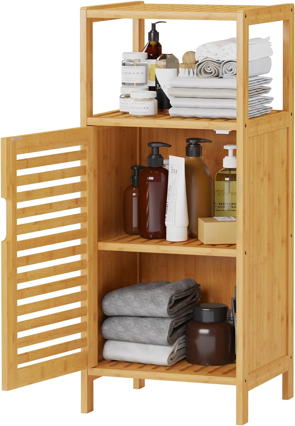 VIAGDO Bamboo Cabinet, Bathroom Storage Cabinet with Single Door and Shelf, Freestanding Bathroom Cabinet, Kitchen Cupboard, Sofa Side Table for Living Room/Hallway/Kitchen