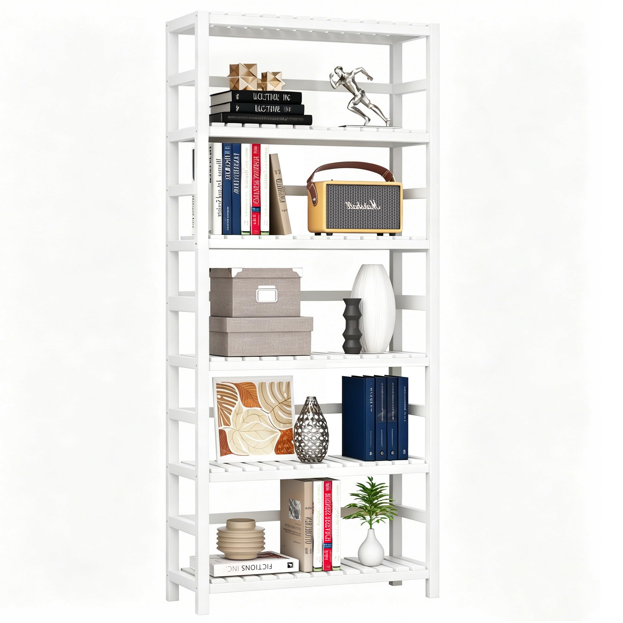 VASMIA 6-Tier Bamboo Shelf,Bamboo Storage Shelving Unit,Tall Bookcase with Adjustable Shelves,Multipurpose Storage Display Shelf for Bathroom, Living