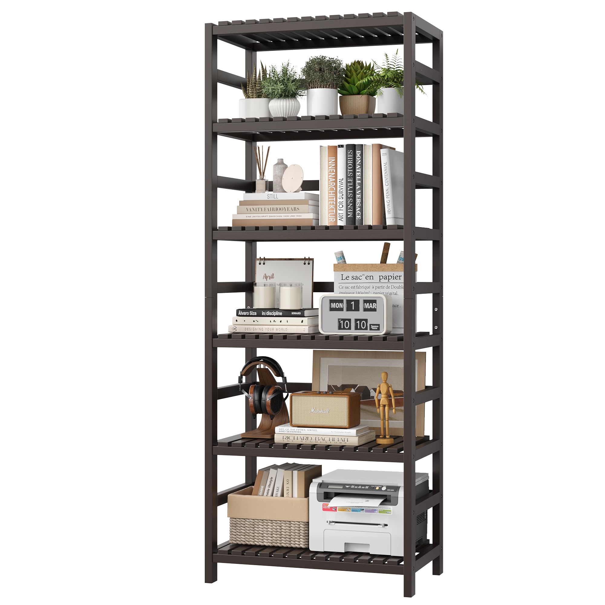 FOTOSOK 6-Tier Bamboo Shelf, Bamboo Bookcase with Adjustable Shelves, Free Standing Storage Shelf Unit, Plant Flower Stand for Kitchen, Bathroom, Home Office, Natural