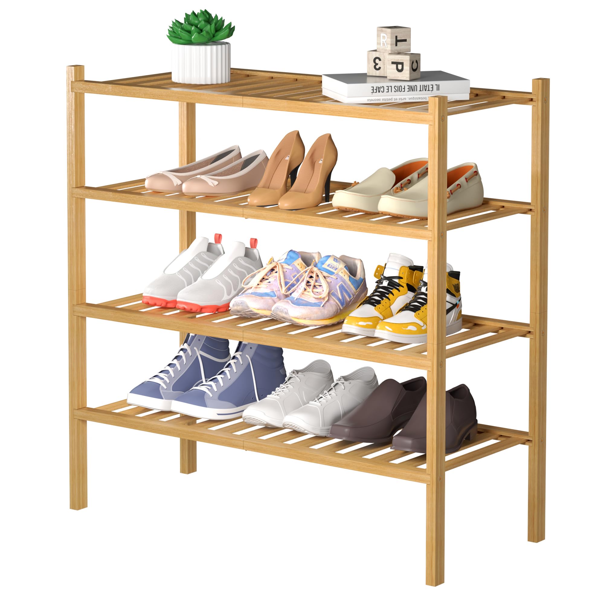 ROMGUAR CRAFT 3 Tier Bamboo Shoe Rack for Closet Free Standing Wood Shoe Shelf Storage Organizer for Entryway Small Space Stackable 27"x11"x20" (Natural)