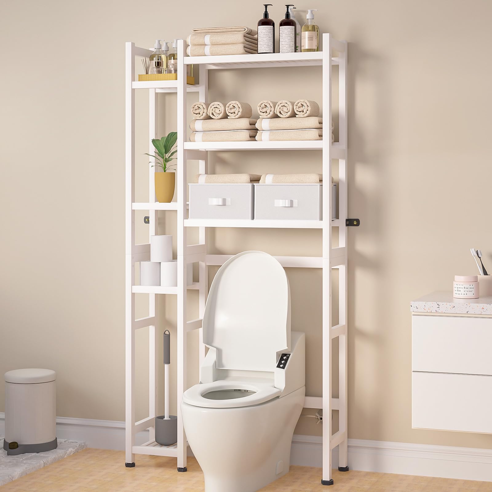 Homde Over The Toilet Storage with Basket and Drawer, Bamboo Bathroom Organizer with Adjustable Shelf & Waterproof Feet Pad, Space Saver Rack for Restroom, Laundry,Natural