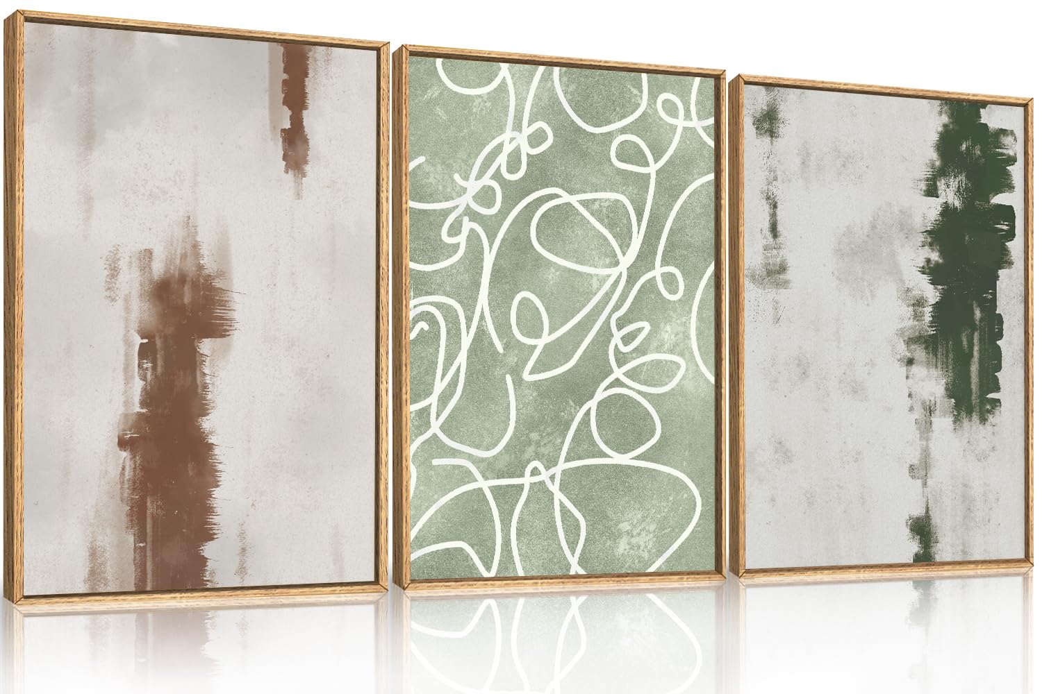 Abstract Natural Landscape Framed Canvas Wall Art Set, Watercolor Tan Green Beige Wall Decor, Minimalist Neutral Modern Scenery Artwork for Living Room, Bedroom,Farmhouse- 40"x20"x1