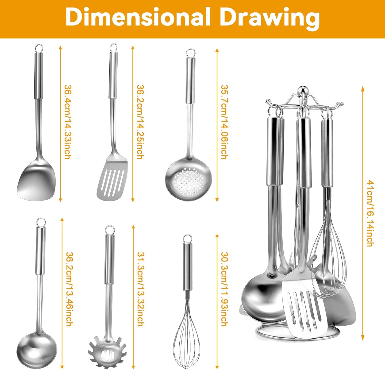 Stainless Steel Kitchen Cooking Utensils Set of 7 - Kitchen Utensils with Hanging Rack, Spatula, Slotted Turner, Soup Ladle, Slotted Spoon, Whisk, Pasta Server, Holder, Dishwasher Safe