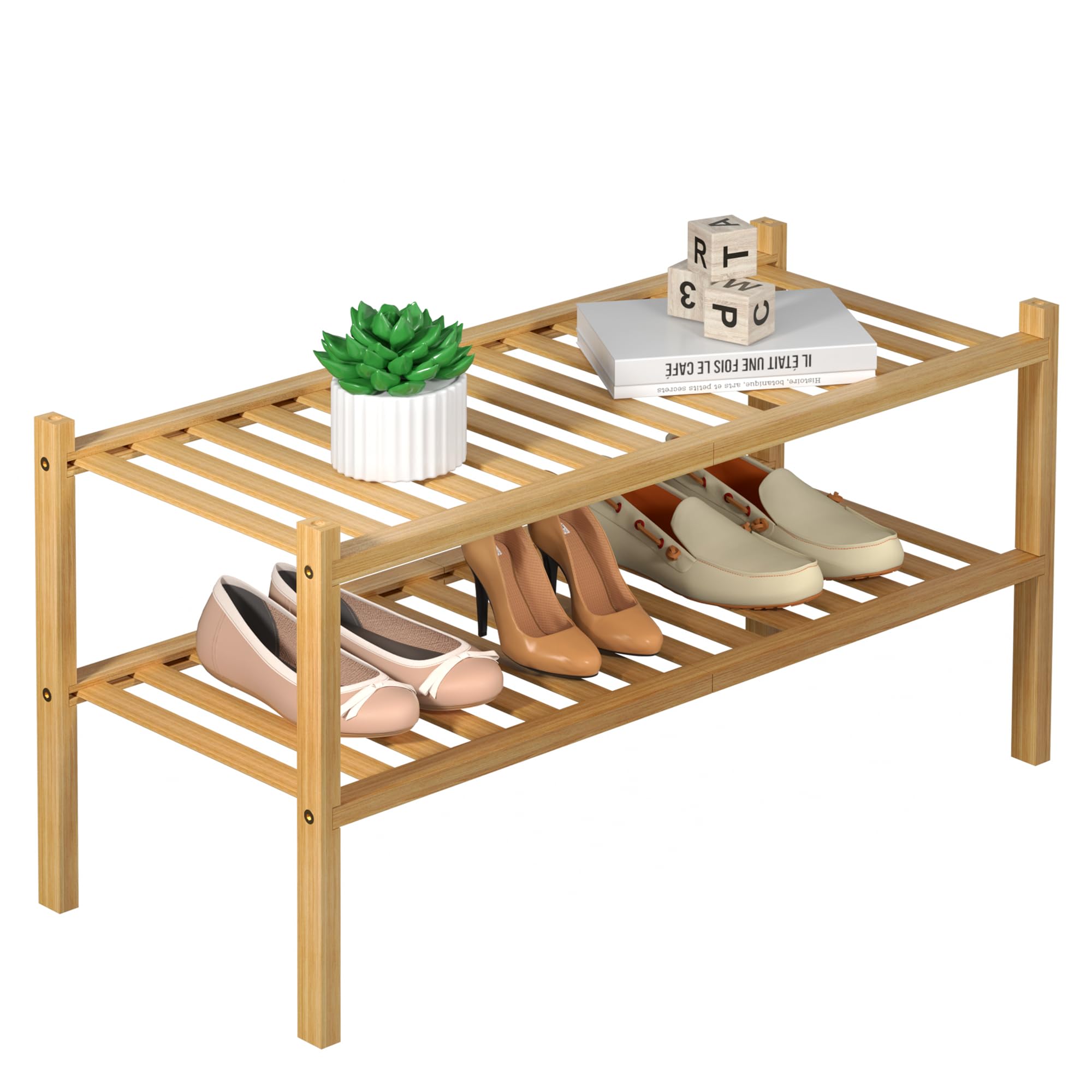 ROMGUAR CRAFT 3 Tier Bamboo Shoe Rack for Closet Free Standing Wood Shoe Shelf Storage Organizer for Entryway Small Space Stackable 27"x11"x20" (Natural)