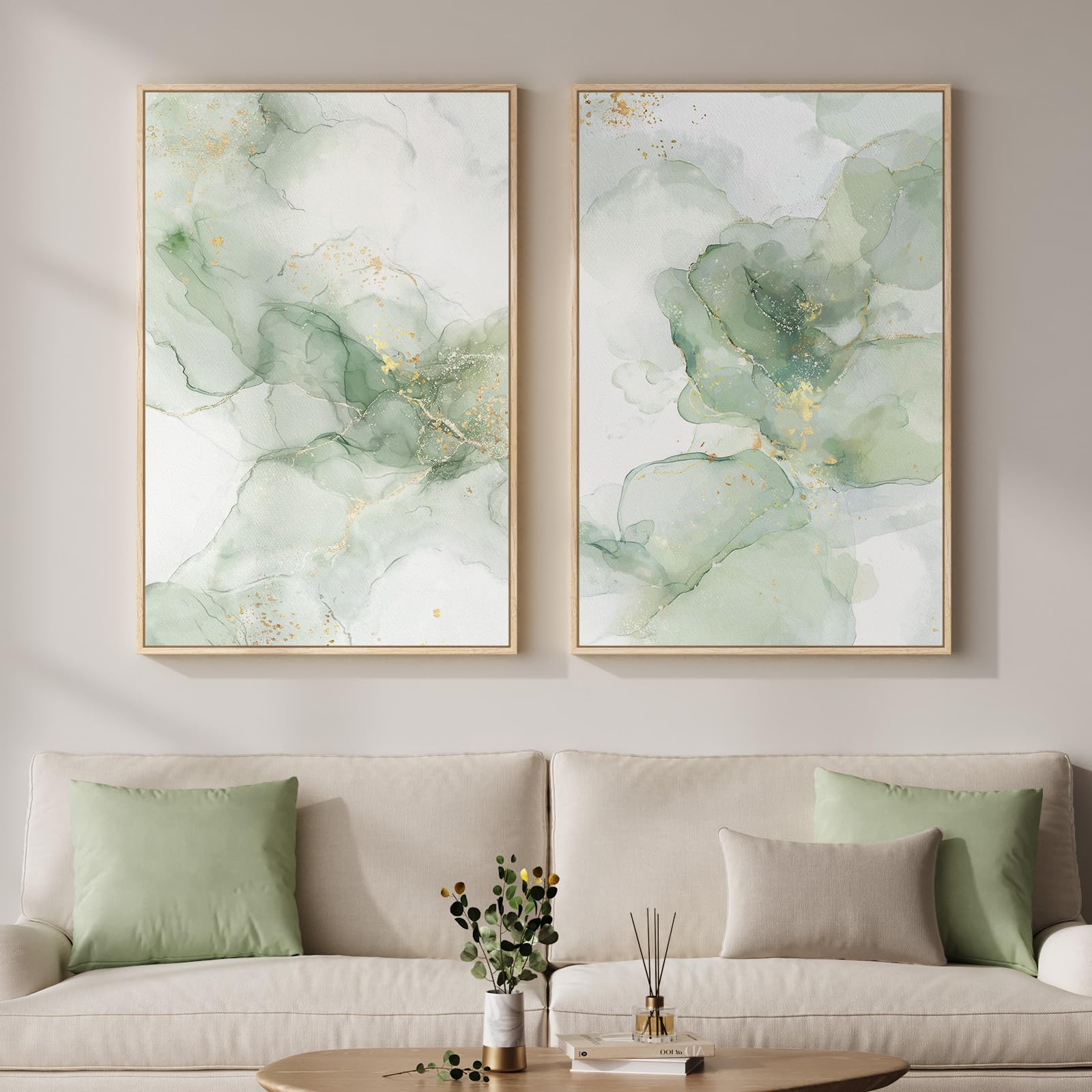 Framed Sage Green Abstract Wall Art for Living Room, Large Set of 2 Abstract Landscape Canvas Artwork for Walls, Minimalist Painting Print for Bedroom Dining Room Office Hallway Wall Decor, 24x36 Inch