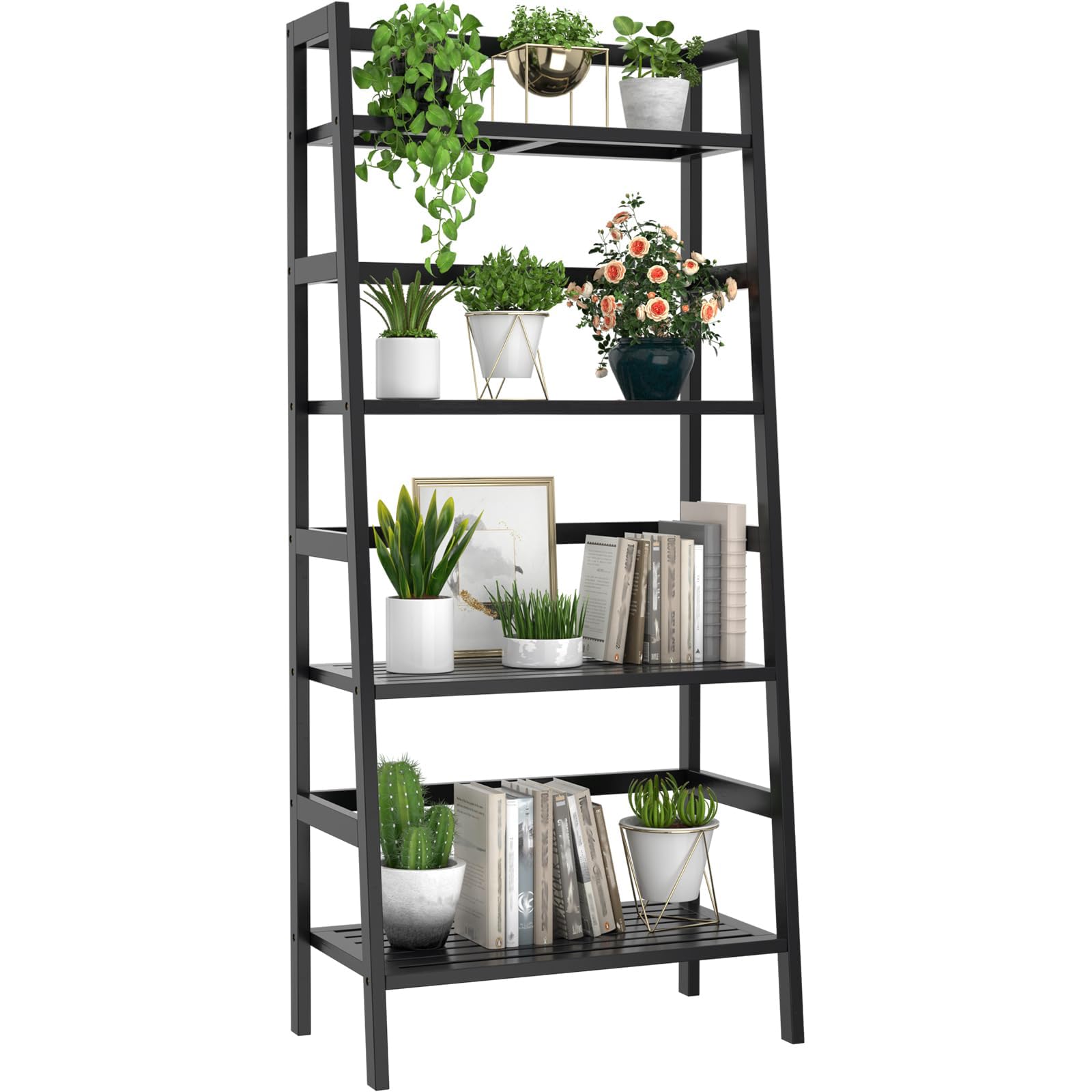 Homykic Ladder Shelf, 4-Tier Bamboo Ladder Bookshelf Small Bookcase, 49” Tall Open Display Shelves Wood Plant Stand Storage Rack for Living Room, Bathroom, Bedroom, Home Office