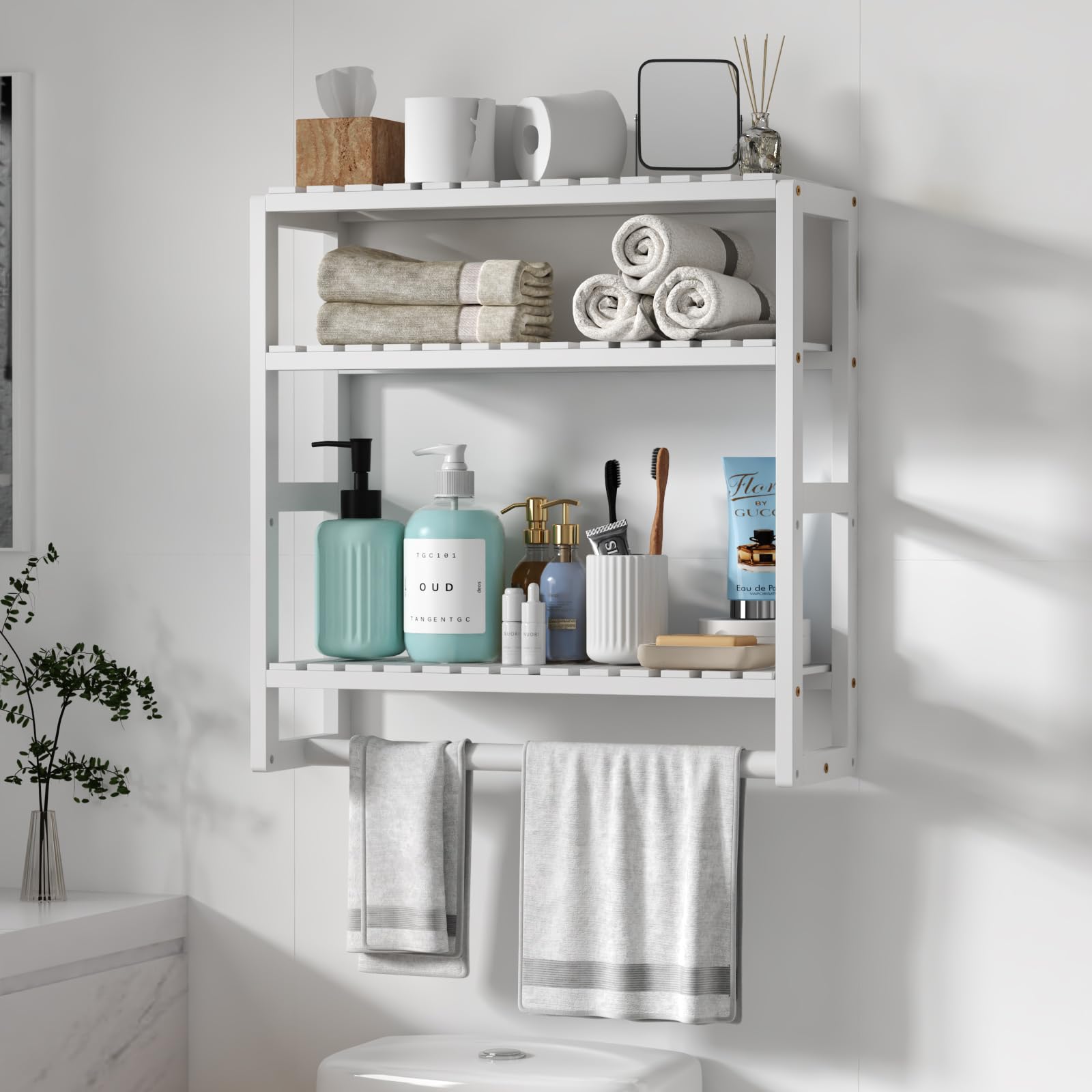 Galood Over The Toilet Storage Bathroom Shelves Wall Mounted 3 Tier Space Saver Corner Shelf Organizer Bamboo Towel Rack Toilet Paper Cabinet with Hanging Rod Yellow