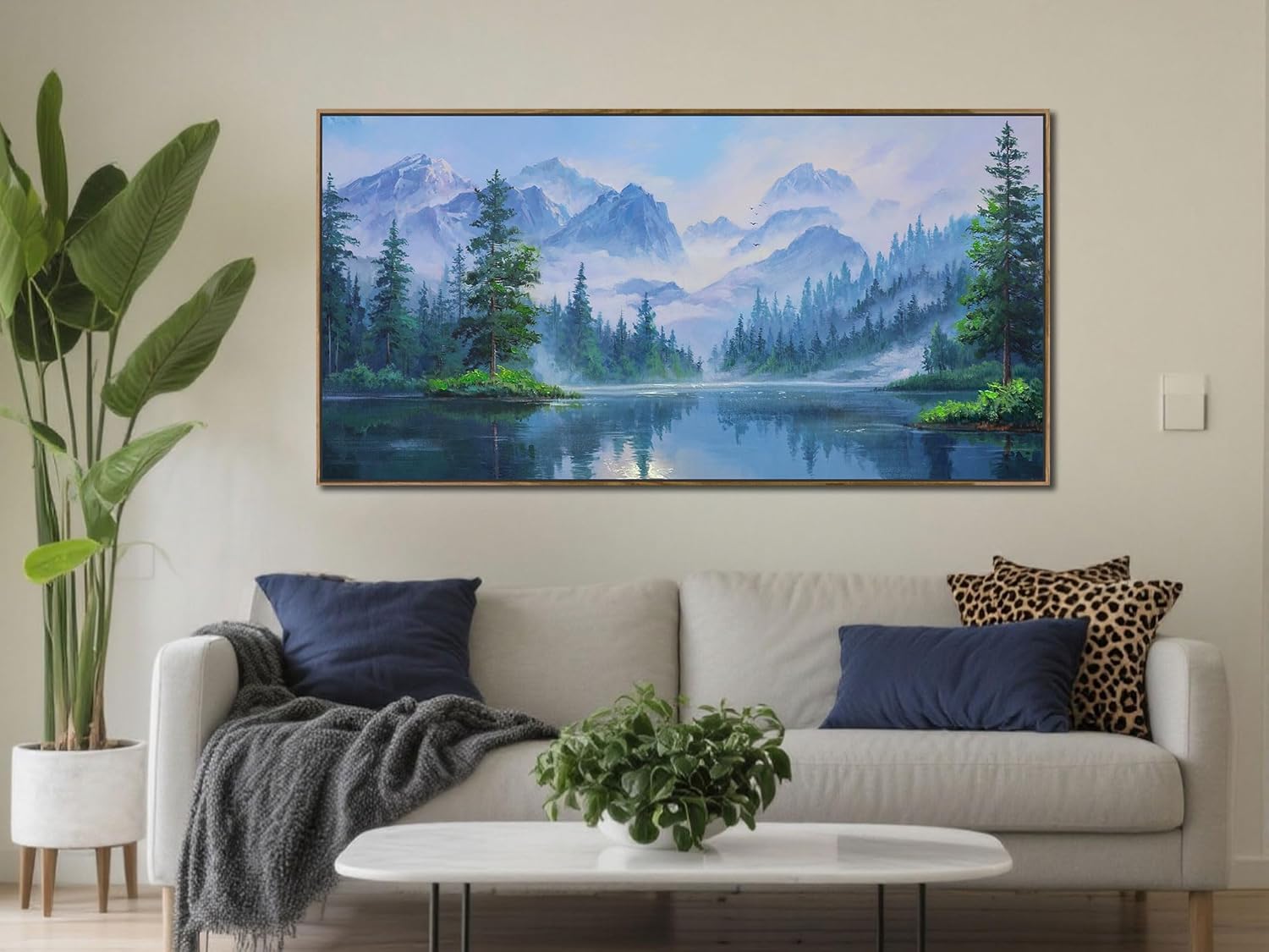 Ardemy Framed Lake & Mountain Canvas Wall Art 40"x20", Textured Blue-Green Landscape Painting, Large Nature Picture for Living Room Bedroom Office Decor