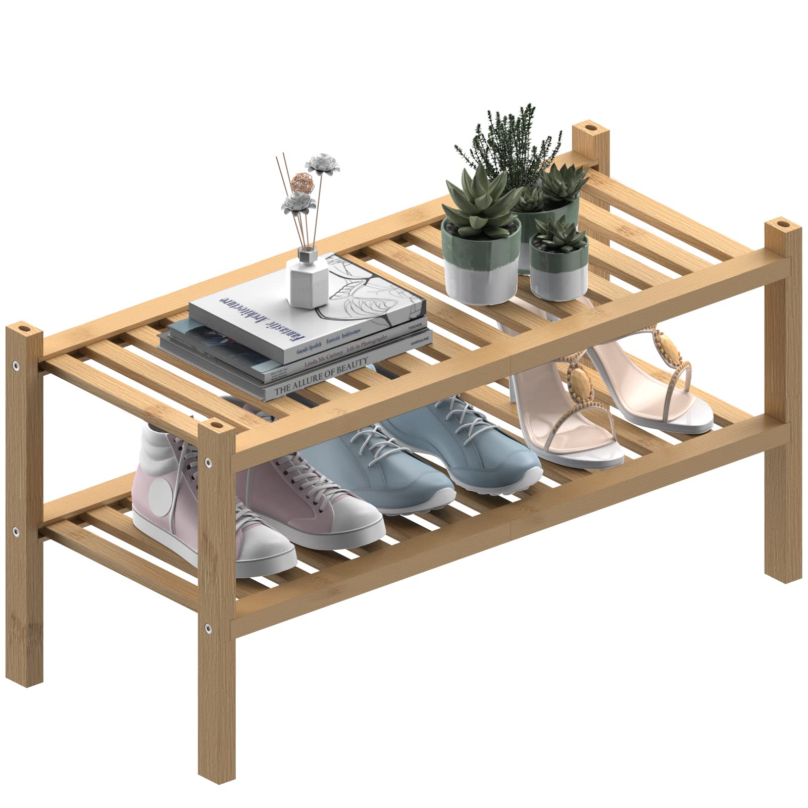 ROMGUAR CRAFT 3 Tier Bamboo Shoe Rack for Closet Free Standing Wood Shoe Shelf Storage Organizer for Entryway Small Space Stackable 27"x11"x20" (Natural)