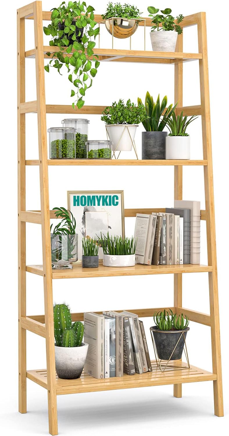 Homykic Ladder Shelf, 4-Tier Bamboo Ladder Bookshelf Small Bookcase, 49” Tall Open Display Shelves Wood Plant Stand Storage Rack for Living Room, Bathroom, Bedroom, Home Office