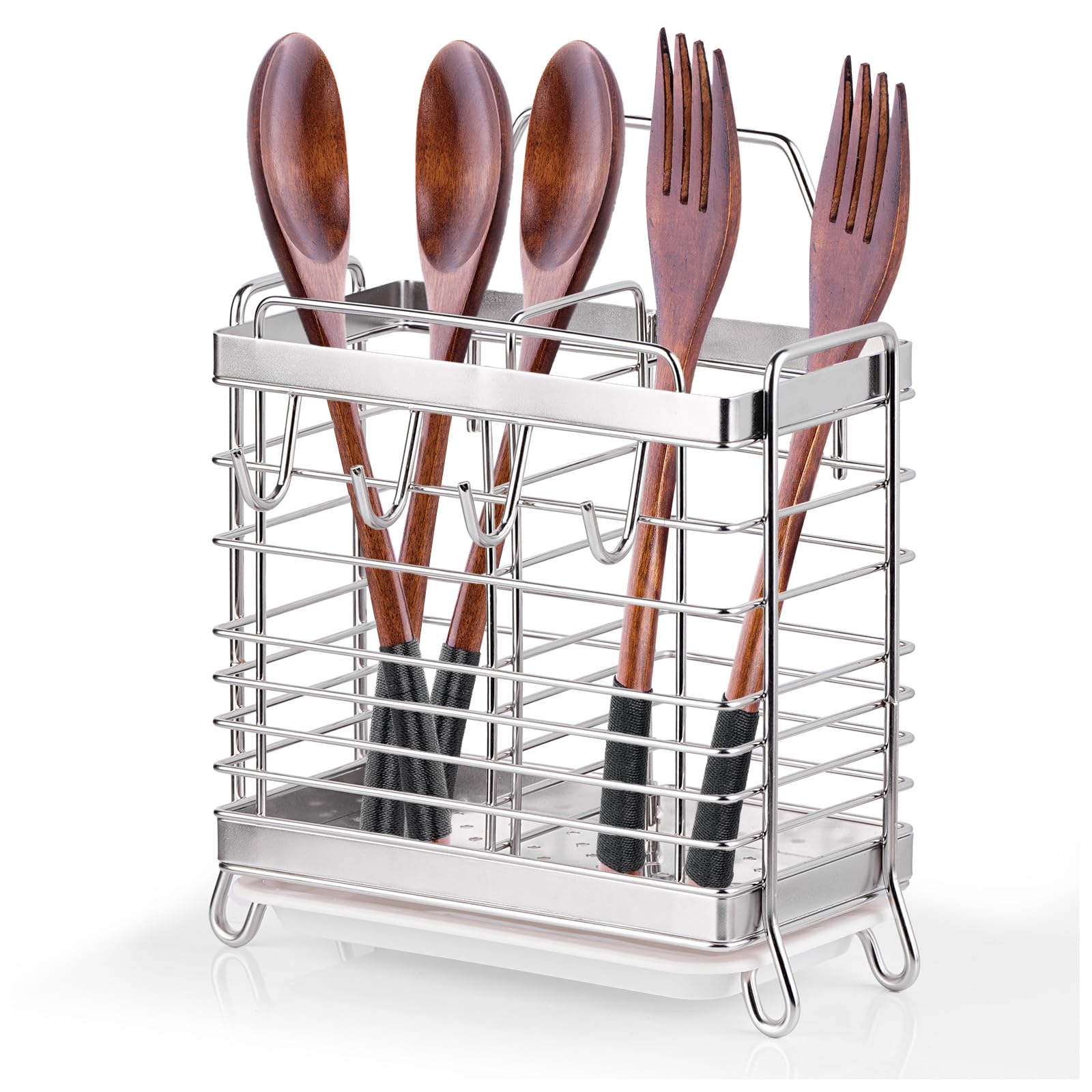 Utensil Holder, Stainless Steel Utensil Drying Rack with Drain Tray, Kitchen Counter Drainer Basket Silverware Cutlery Flatware Holder Forks, Knives, Spoons, Chopsticks Organizer (Silver)