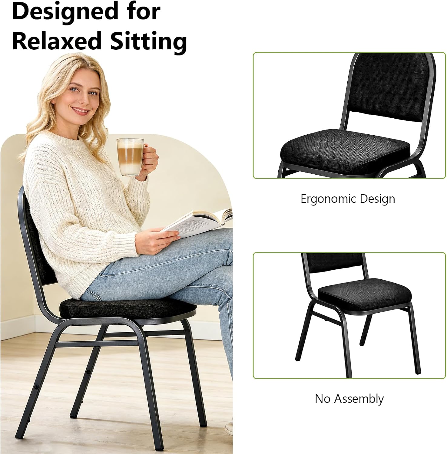 Stackable Banquet Dining Chairs 4 Pack, Upholstered Crown Back Event Chairs with Black Fabric Seat, Heavy Duty Steel Frame, 300 lb Capacity, No Assembly, for Restaurant Wedding Conference