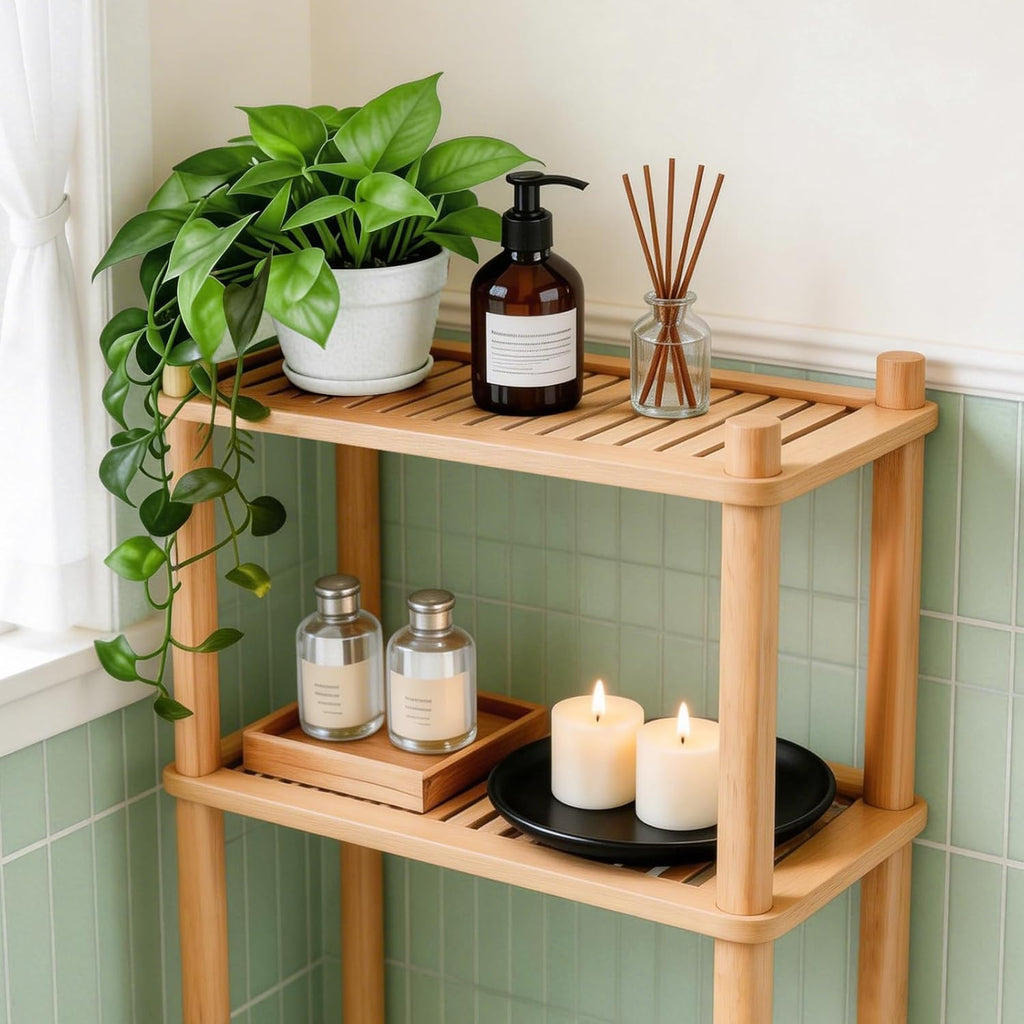 WANGMUXIA 2-Tier Bamboo Over the Toilet Storage Shelf, Bathroom Organizer Shelf with Wall Anchor, 50% Thicker Heavy-Duty Structural Design,Freestanding Space Saving Organizer for Bathroom