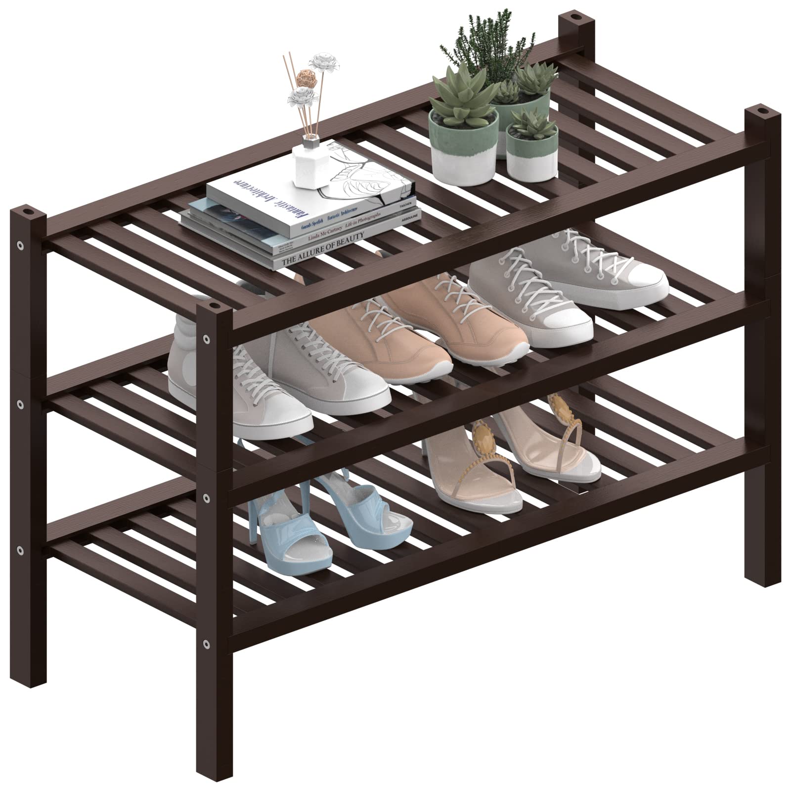 ROMGUAR CRAFT 3 Tier Bamboo Shoe Rack for Closet Free Standing Wood Shoe Shelf Storage Organizer for Entryway Small Space Stackable 27"x11"x20" (Natural)