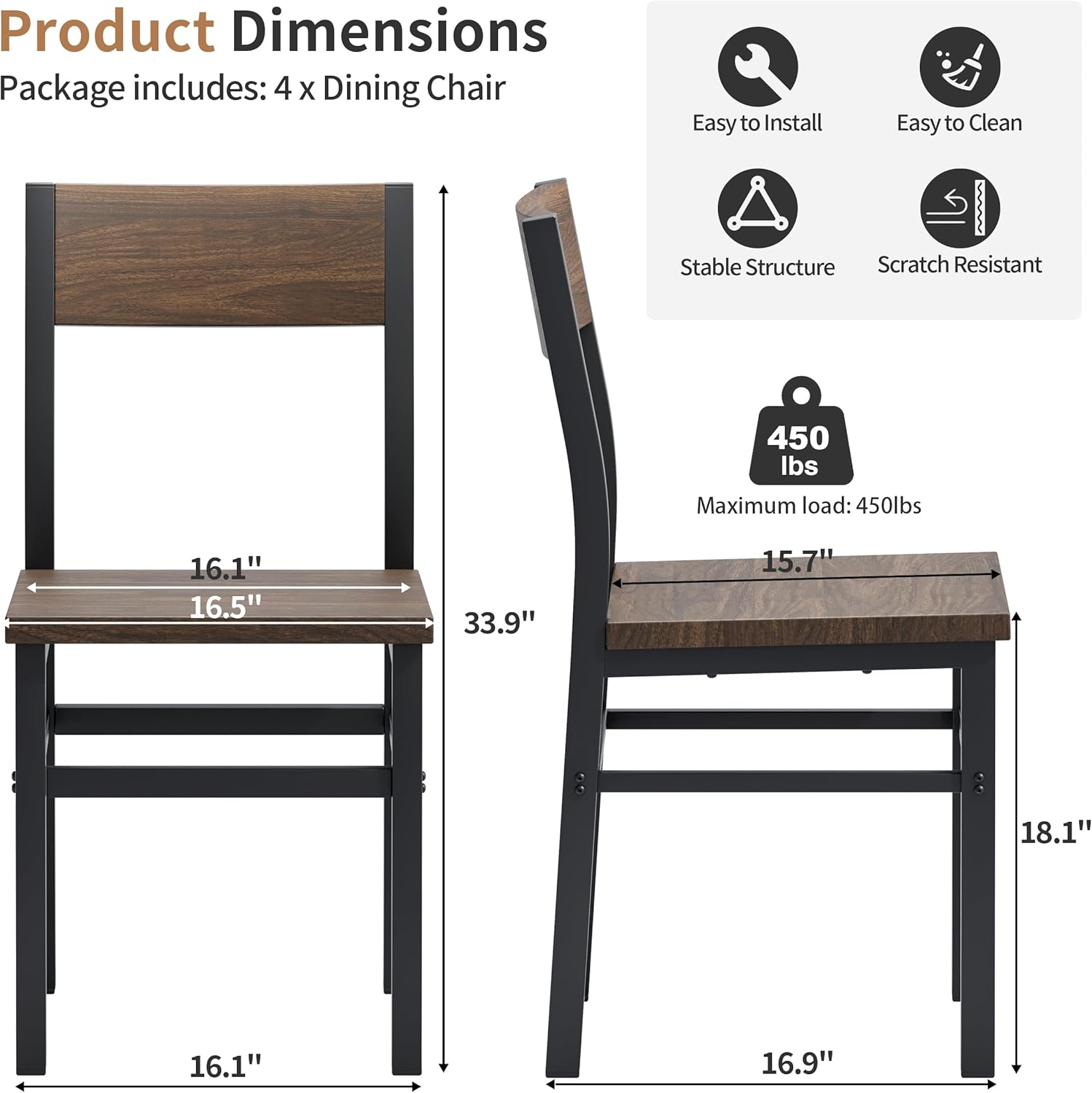 MECHYIN Dining Chairs Set of 4, Rustic Wood Dining Room Chairs with Thickened and Strengthened Metal Steel Frame & Slat Back, Modern Farmhouse Chair for Kitchen, Dining Room (4, Nut-Brown)