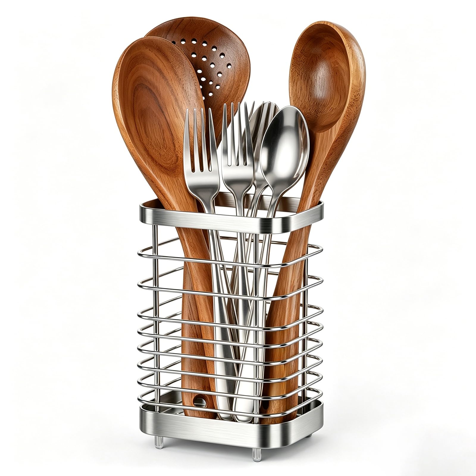 Utensil Holder, Stainless Steel Utensil Drying Rack for Kitchen Counter, Silverware Cutlery Flatware Holder Forks, Knives, Spoons, Chopsticks Organizer (Silver)