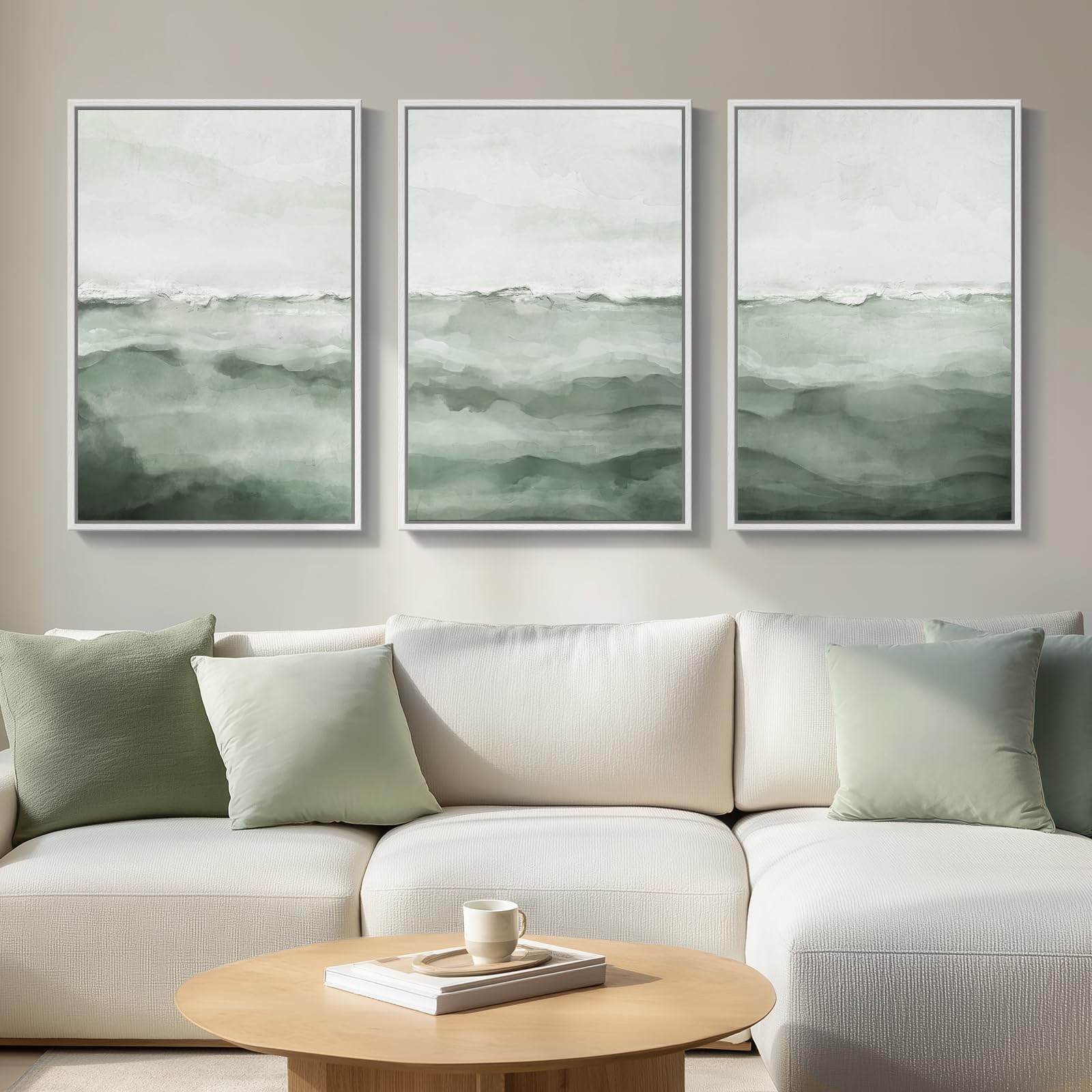 Large Framed Sage Green Abstract Landscape Wall Art for Living Room, 3 Piece Modern Canvas Prints Paintings Artwork for Walls, Nature Rustic Pictures Wall Decor for Bedroom Farmhouse Office 24x36 In