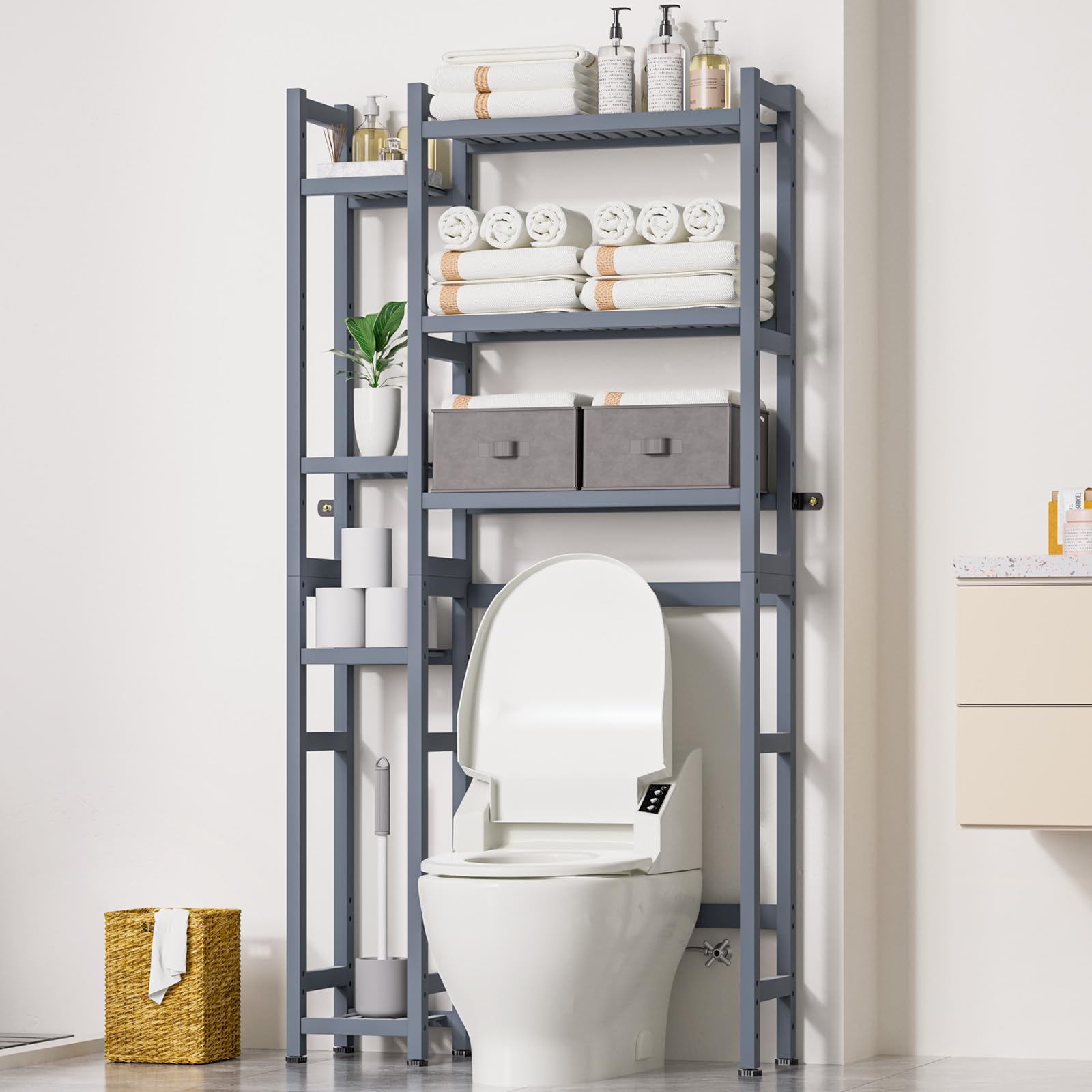 Homde Over The Toilet Storage with Basket and Drawer, Bamboo Bathroom Organizer with Adjustable Shelf & Waterproof Feet Pad, Space Saver Rack for Restroom, Laundry,Natural