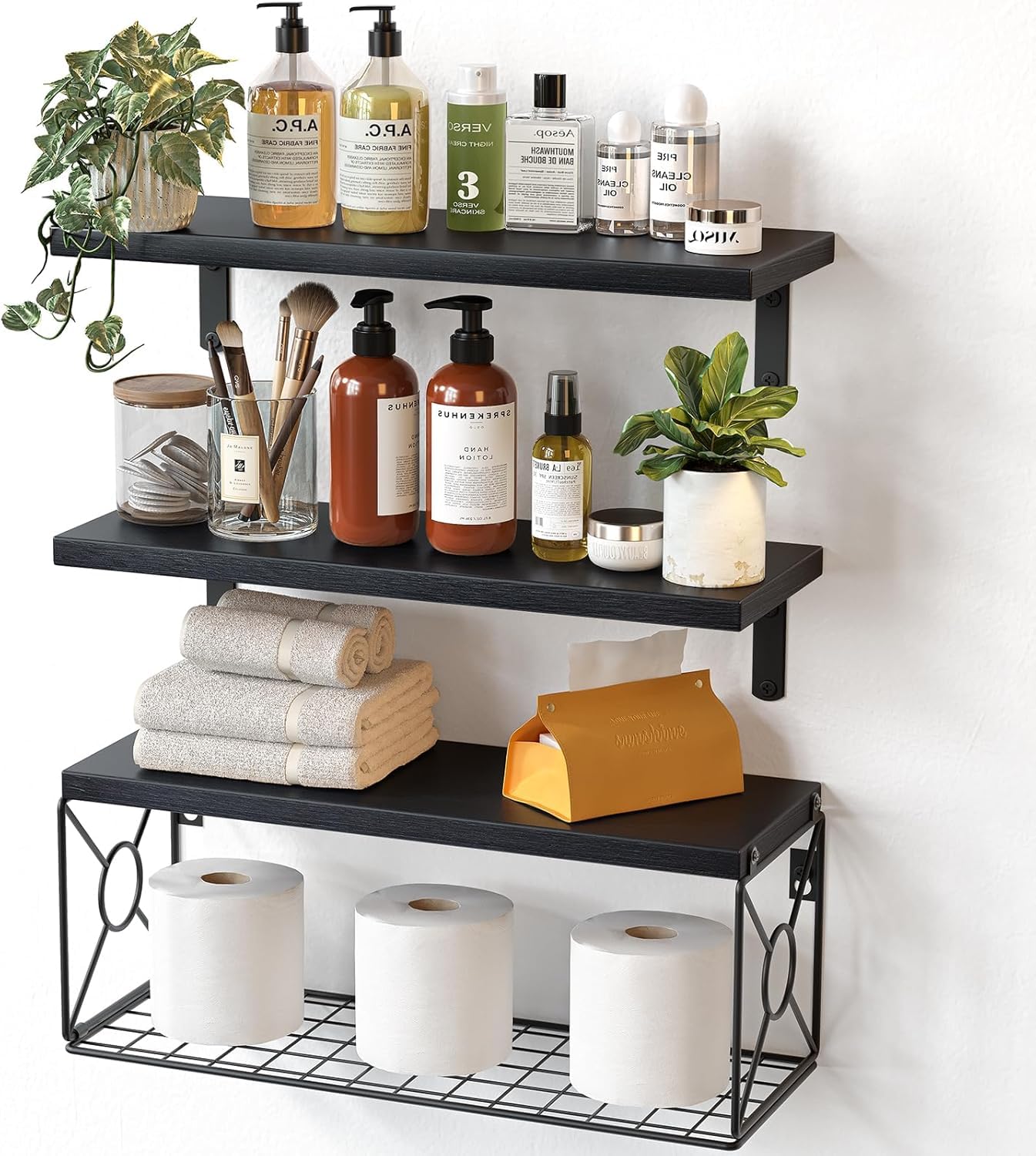 Amada Bathroom Shelves Over Toilet with Storage Basket, Floating Wall Shelf for Home Organization & Wall Decor, Bathroom/Kitchen/Living Room Shelves–Natural Wood