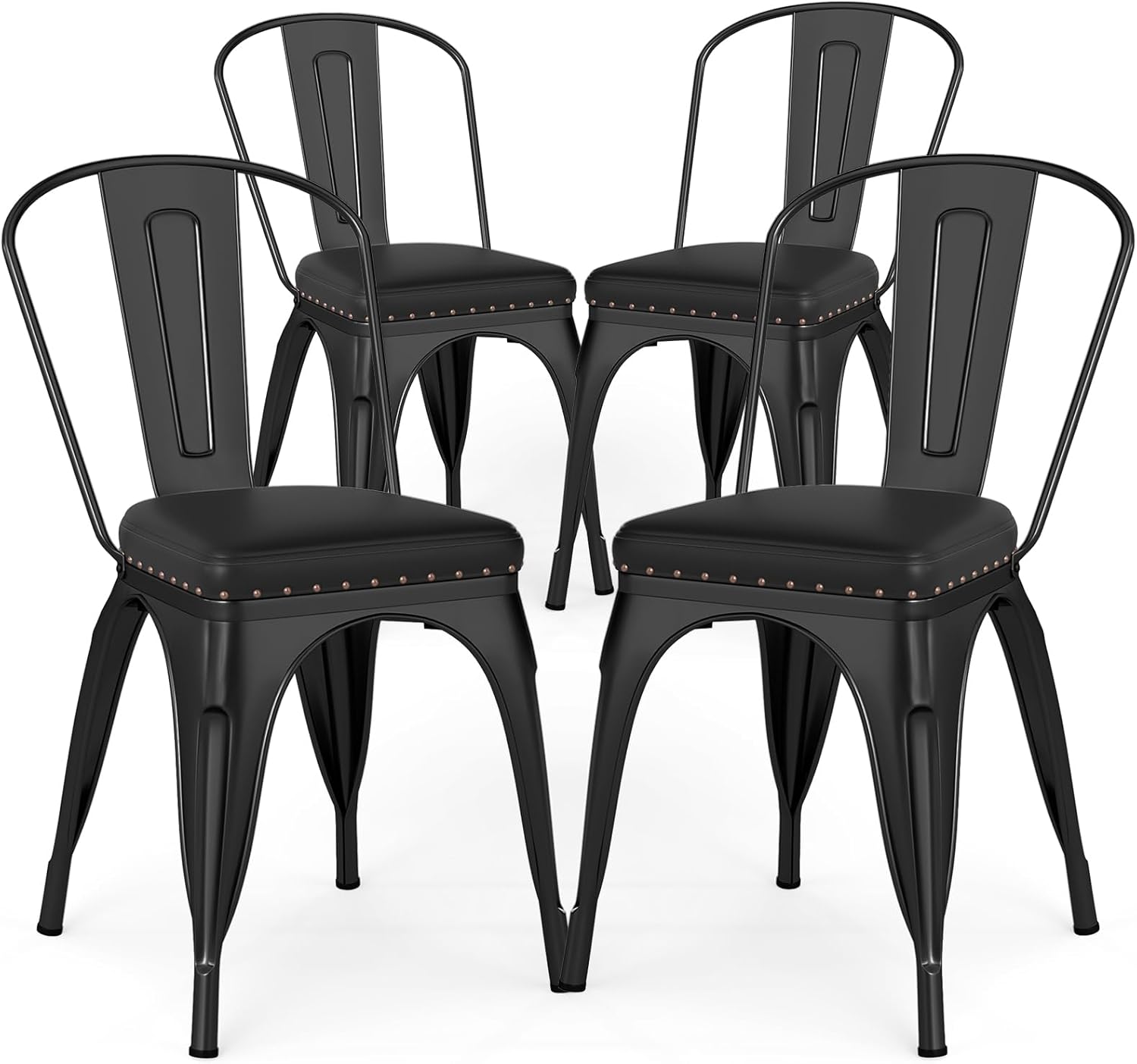COSTWAY Metal Dining Chairs Set of 4, 18.5 Inch Stackable Industrial Kitchen Tolix Side Chairs with PU Leather Cushions, Detachable High Back for Dining Room, Cafe, Restaurant, Bistro (Black)