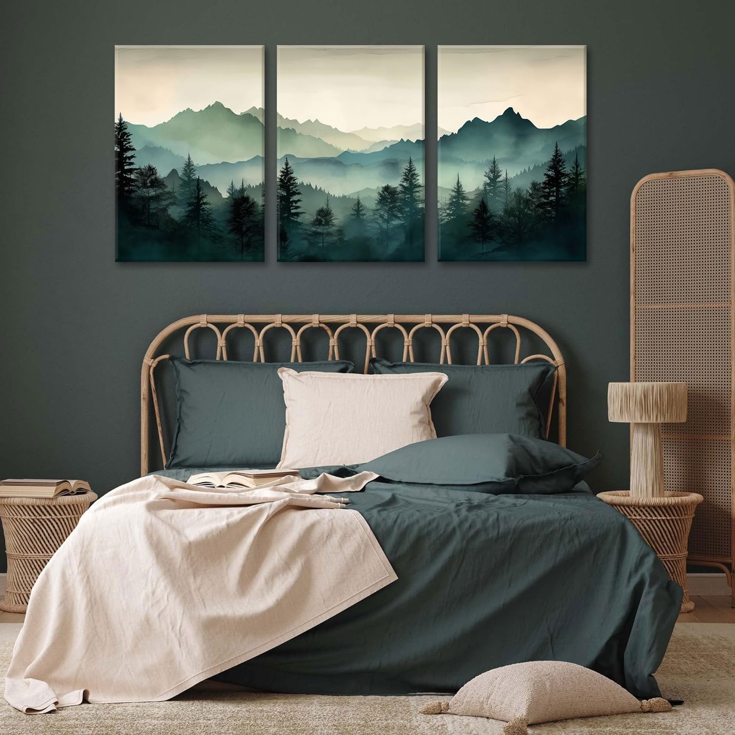 okudolit Framed Mountain Wall Art Set of 3 Sage Green Forest Canvas Prints Nature Landscape Watercolor Pictures Wall Decor Modern Painting for Living Room Bedroom Office 12x16in