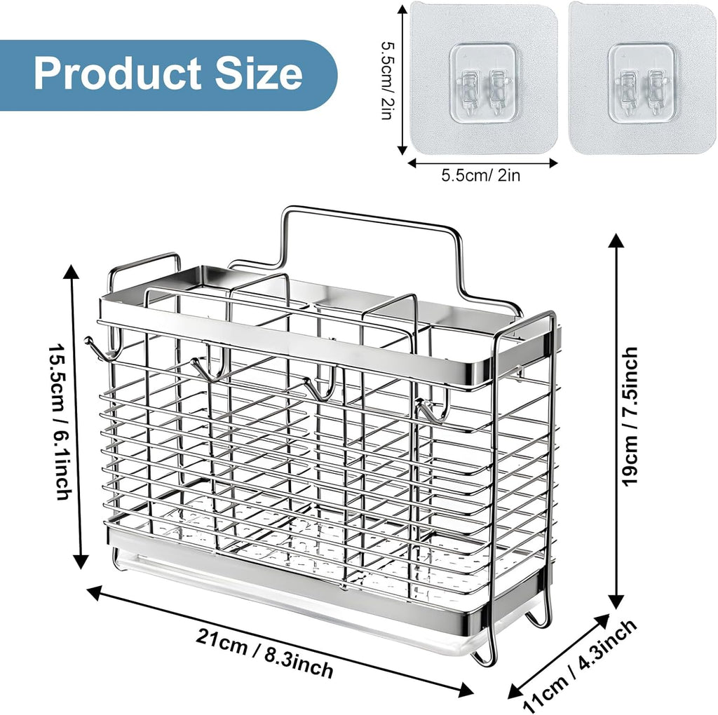 Utensil Holder, Stainless Steel Utensil Drying Rack with Drain Tray, Kitchen Counter Drainer Basket Silverware Cutlery Flatware Holder Forks, Knives, Spoons, Chopsticks Organizer (Silver)