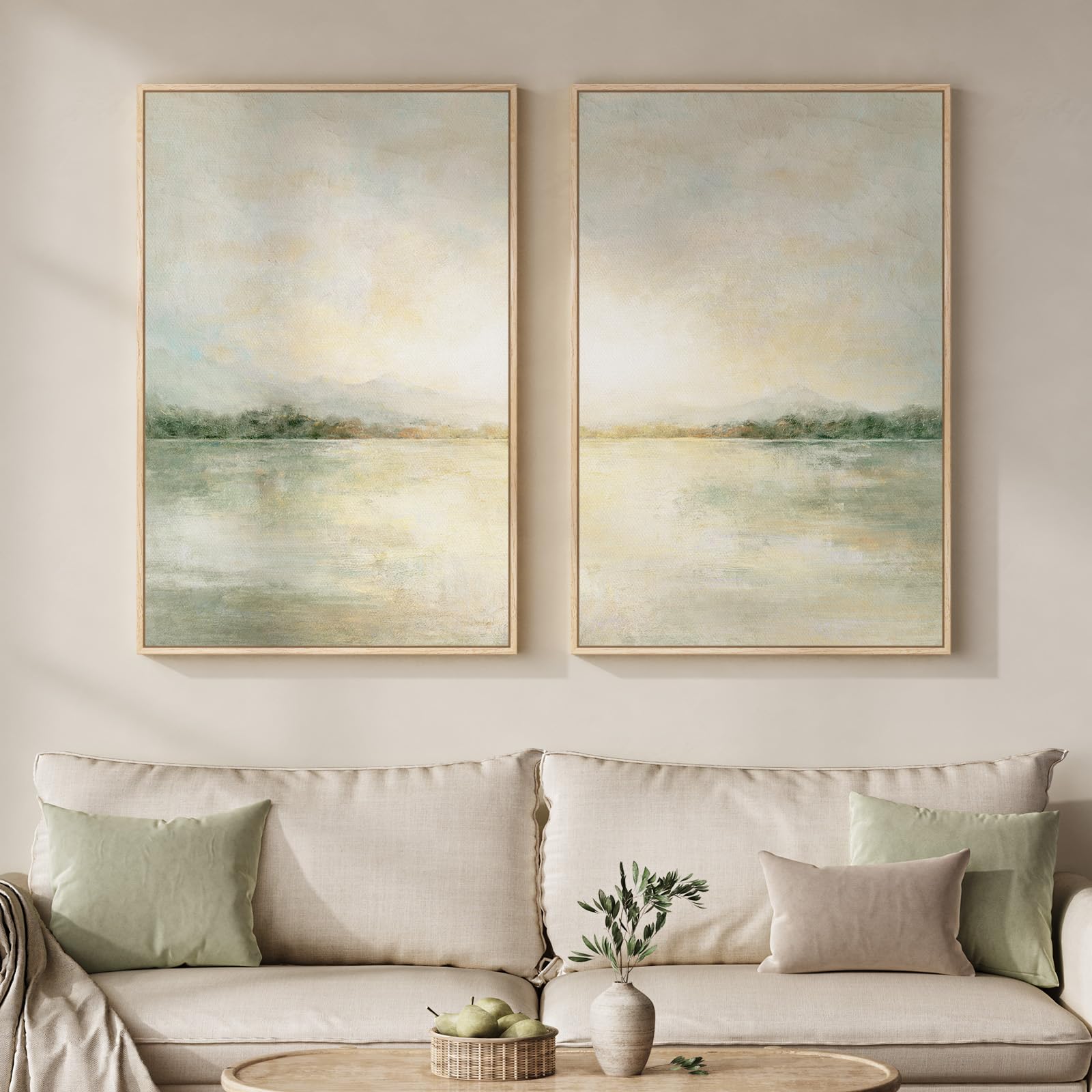 Framed Sage Green Abstract Wall Art for Living Room, Large Set of 2 Abstract Landscape Canvas Artwork for Walls, Minimalist Painting Print for Bedroom Dining Room Office Hallway Wall Decor, 24x36 Inch