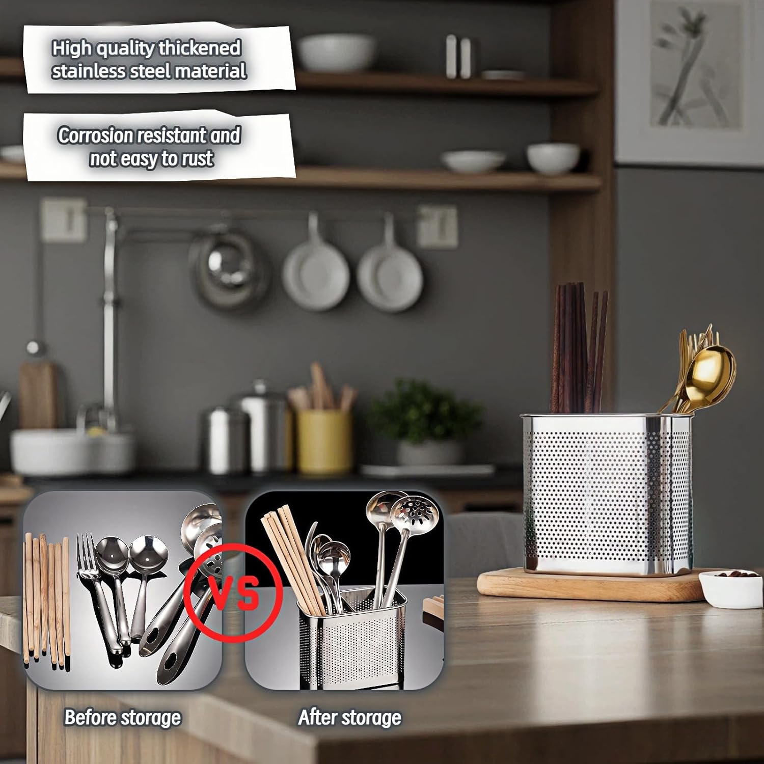 Stainless Steel Kitchen Utensil Holder with Hooks, 2-Tier Stainless Steel 304 Utensil Holder,Rustproof Heavy Duty Dish Drainer for Kitchen Sink Countertop,5.51x4.33x2.76 Inch