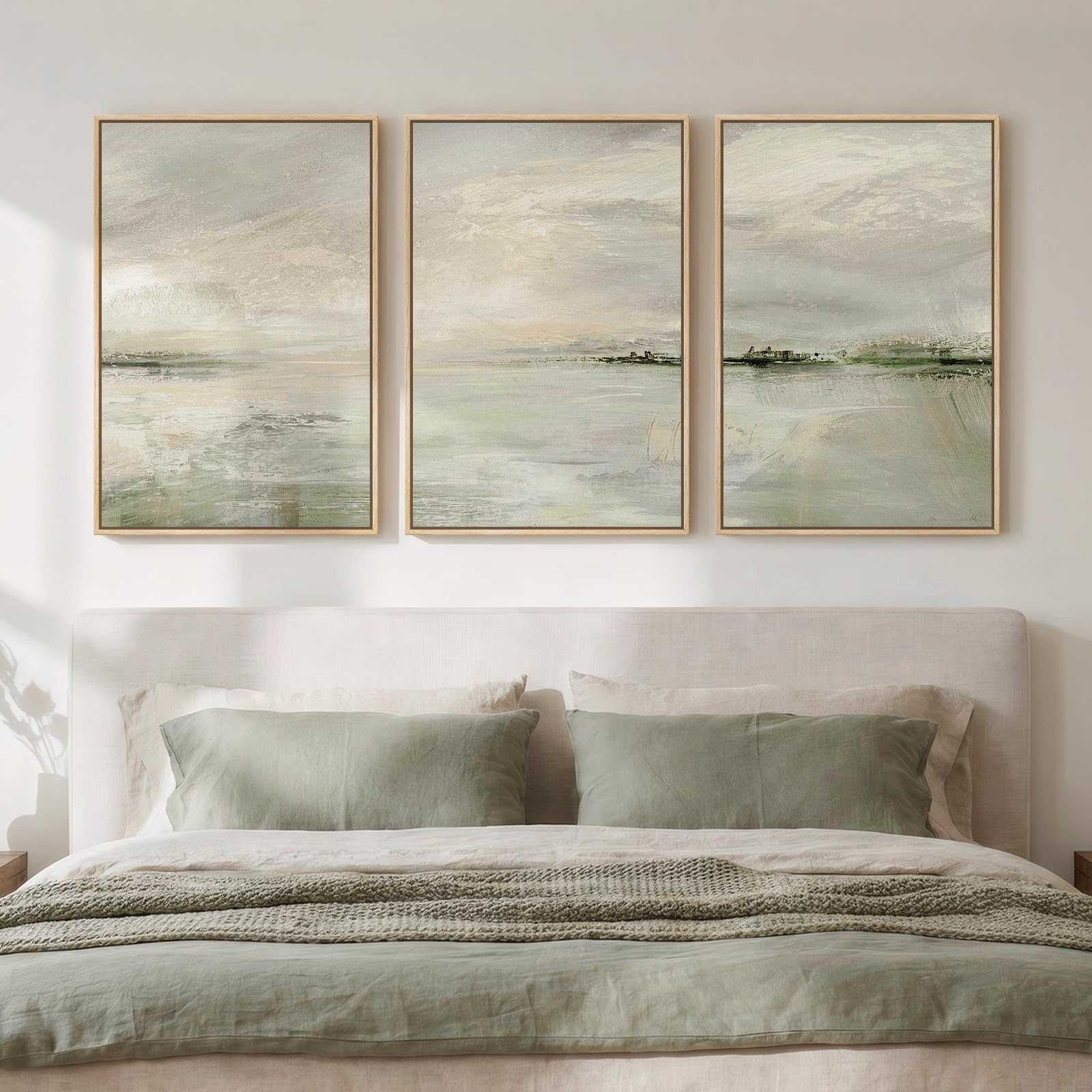 Large Framed Sage Green Abstract Landscape Wall Art for Living Room, 3 Piece Modern Canvas Prints Paintings Artwork for Walls, Nature Rustic Pictures Wall Decor for Bedroom Farmhouse Office 24x36 In